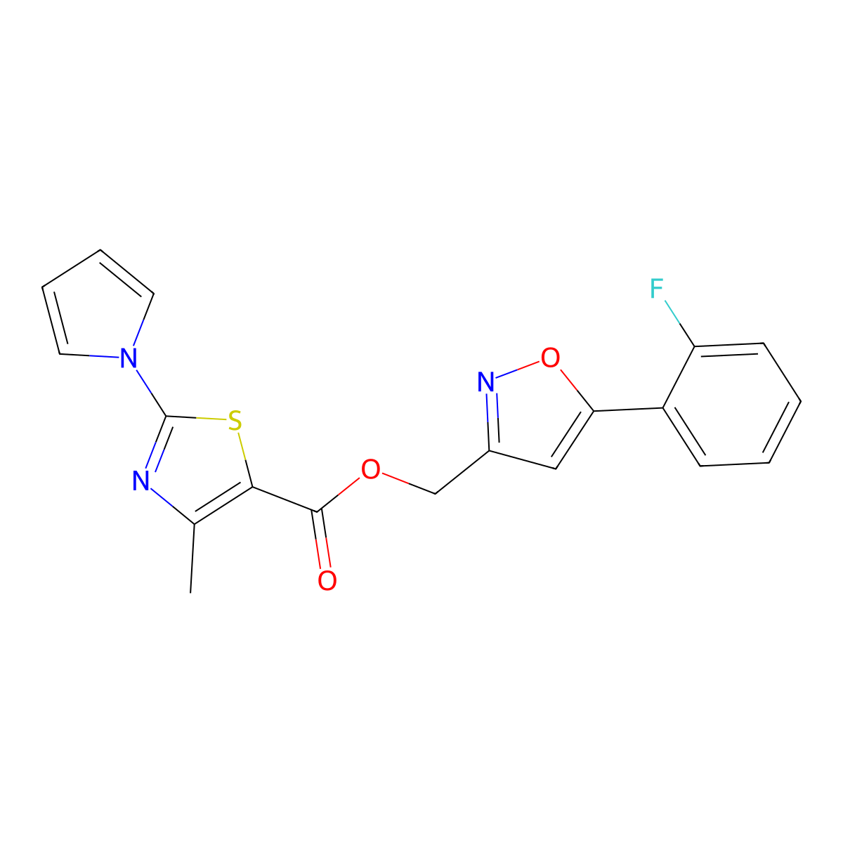 (5-(2-fluorophenyl)isoxazol-3-yl)methyl 4-methyl-2-(1H-pyrrol-1-yl)thiazole-5-carboxylate molecular structure, CAS 1211687-14-7