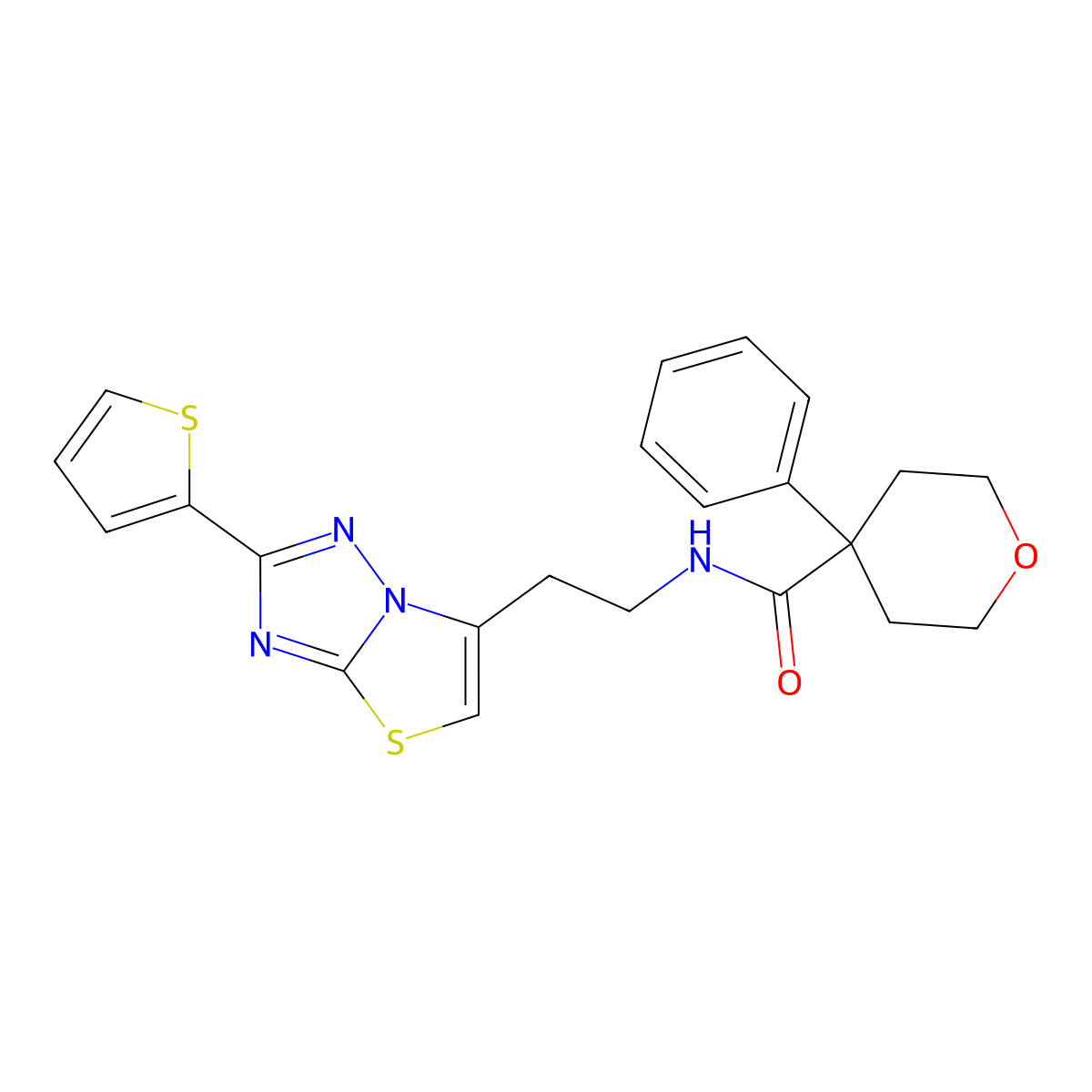 4-phenyl-N-(2-(2-(thiophen-2-yl)thiazolo[3,2-b][1,2,4]triazol-6-yl)ethyl)tetrahydro-2H-pyran-4-carboxamide molecular structure, CAS 1211690-57-1