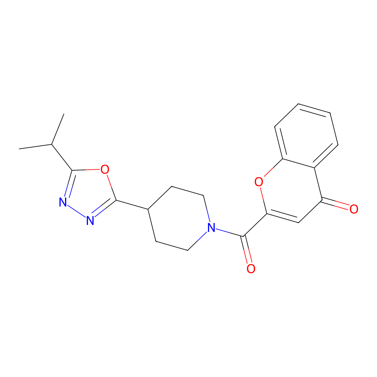 2-(4-(5-isopropyl-1,3,4-oxadiazol-2-yl)piperidine-1-carbonyl)-4H-chromen-4-one molecular structure, CAS 1211693-86-5