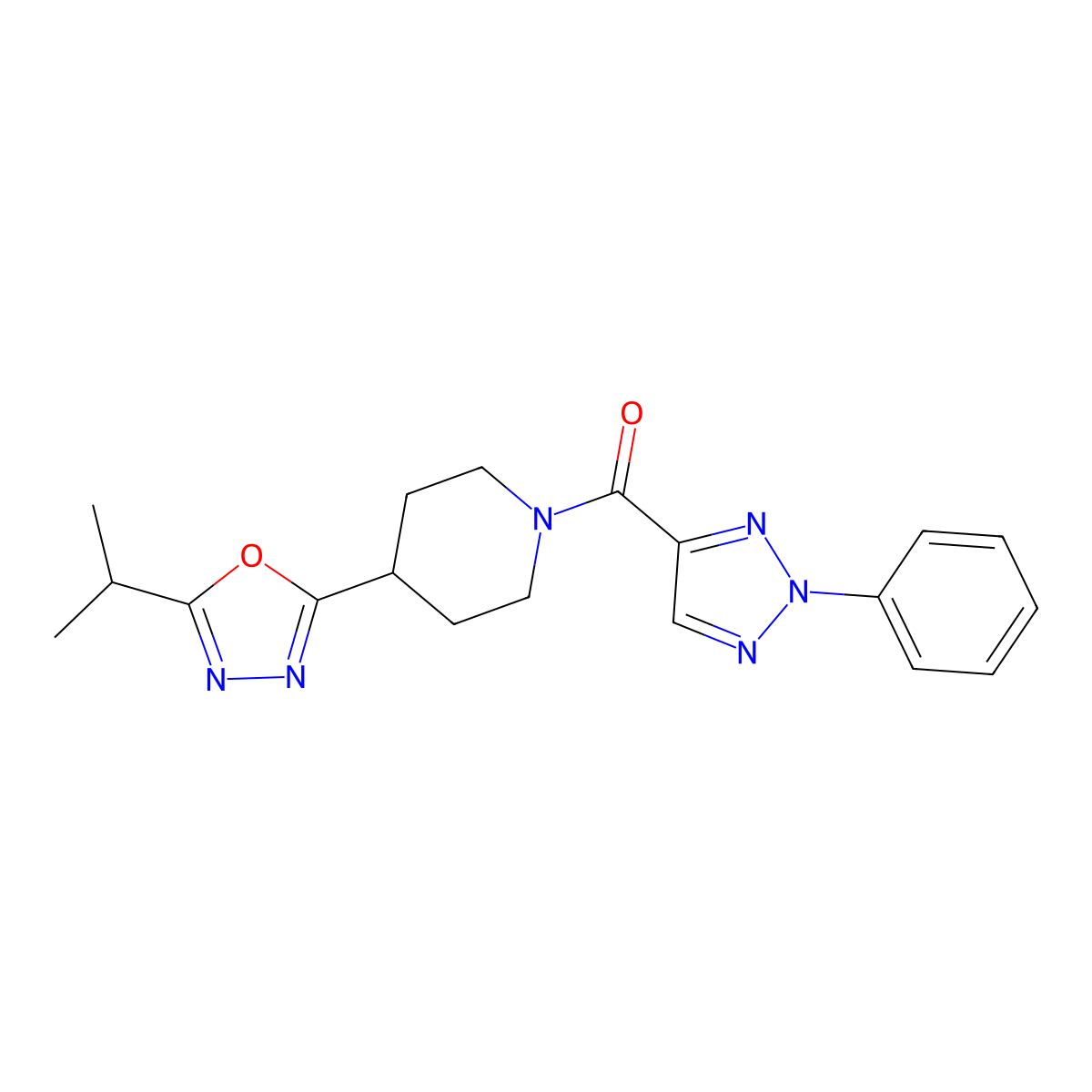 (4-(5-isopropyl-1,3,4-oxadiazol-2-yl)piperidin-1-yl)(2-phenyl-2H-1,2,3-triazol-4-yl)methanone molecular structure, CAS 1211702-25-8