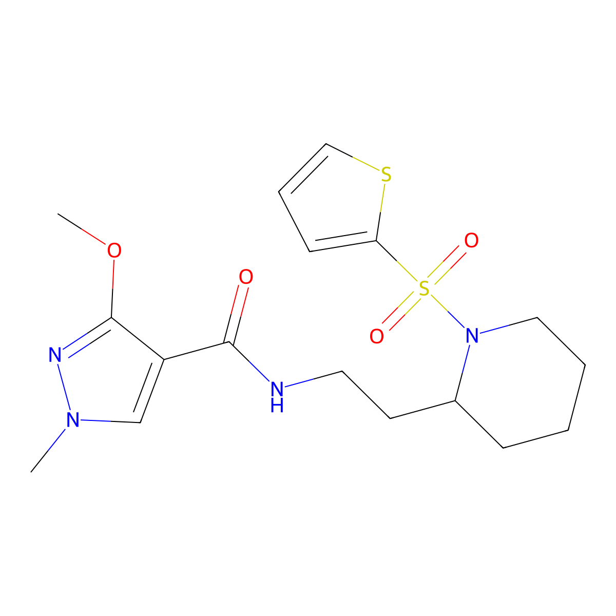 3-methoxy-1-methyl-N-(2-(1-(thiophen-2-ylsulfonyl)piperidin-2-yl)ethyl)-1H-pyrazole-4-carboxamide molecular structure, CAS 1211703-57-9