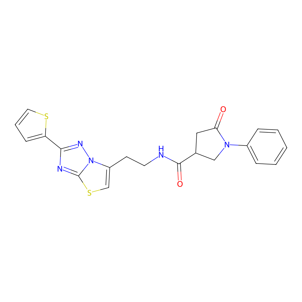 5-oxo-1-phenyl-N-(2-(2-(thiophen-2-yl)thiazolo[3,2-b][1,2,4]triazol-6-yl)ethyl)pyrrolidine-3-carboxamide molecular structure, CAS 1211706-79-4