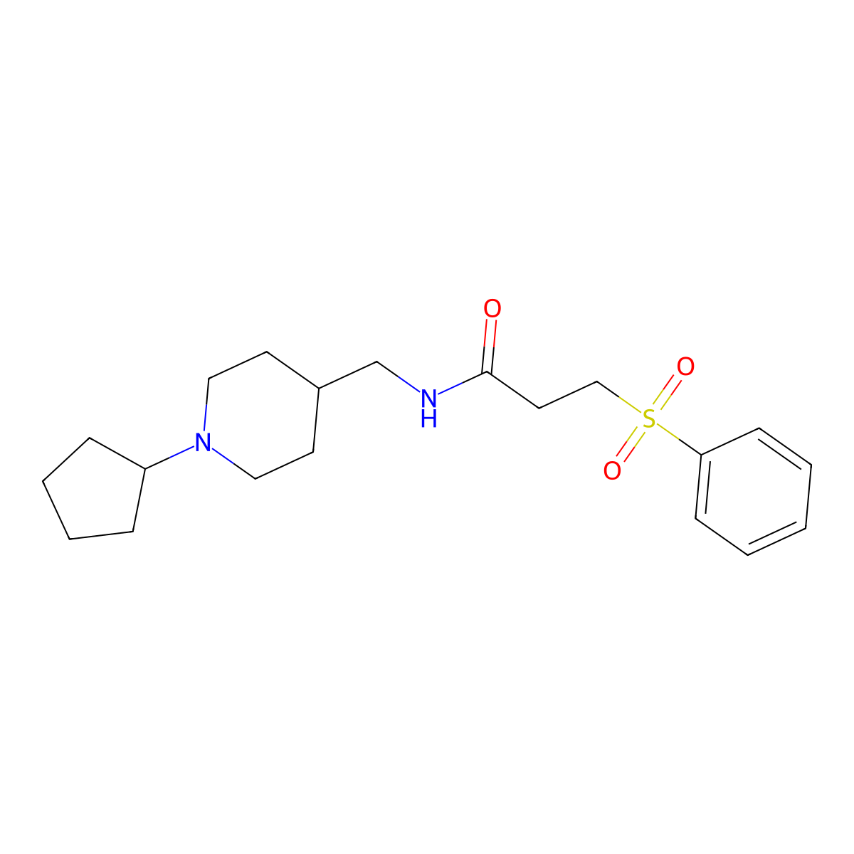 N-((1-cyclopentylpiperidin-4-yl)methyl)-3-(phenylsulfonyl)propanamide molecular structure, CAS 1211714-27-0