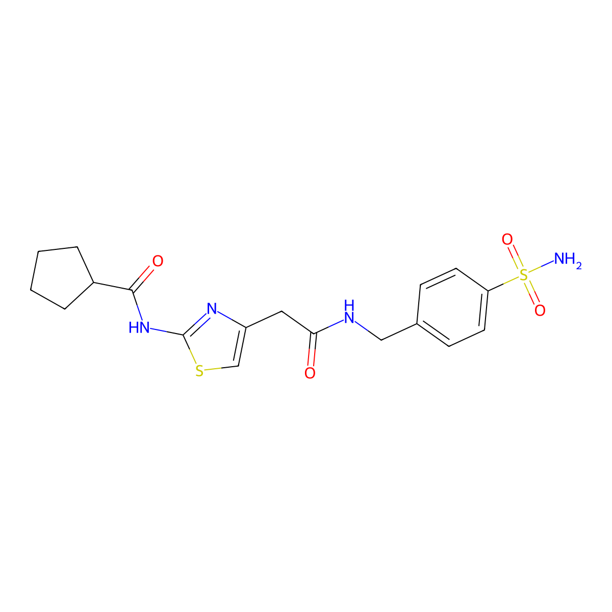 N-(4-(2-oxo-2-((4-sulfamoylbenzyl)amino)ethyl)thiazol-2-yl)cyclopentanecarboxamide molecular structure, CAS 1211720-89-6