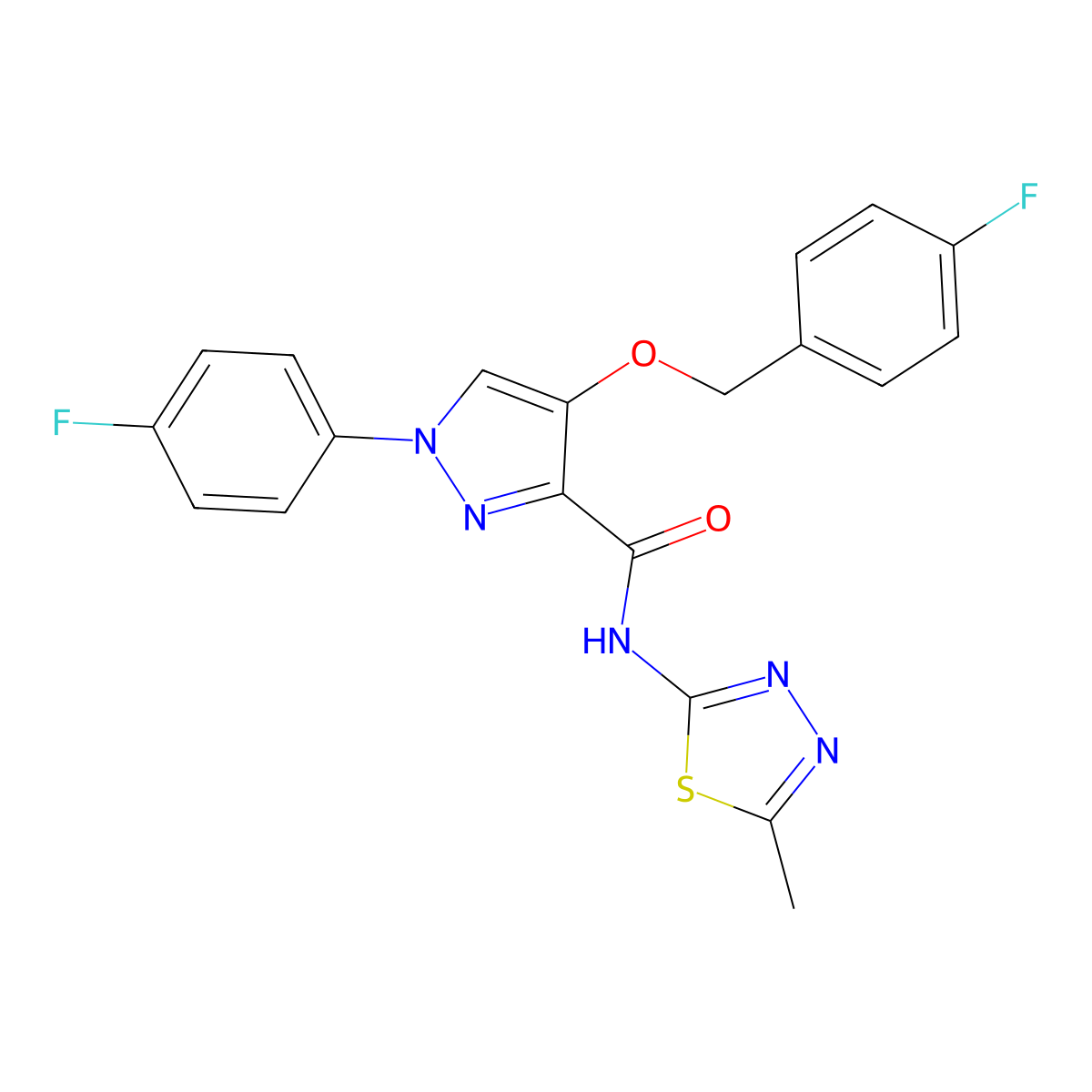 4-((4-fluorobenzyl)oxy)-1-(4-fluorophenyl)-N-(5-methyl-1,3,4-thiadiazol-2-yl)-1H-pyrazole-3-carboxamide molecular structure, CAS 1211722-84-7