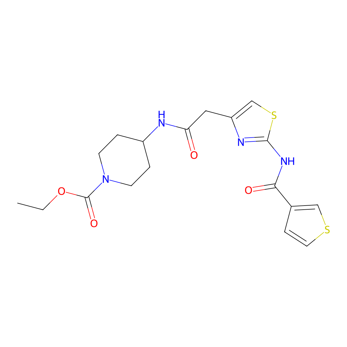 Ethyl 4-(2-(2-(thiophene-3-carboxamido)thiazol-4-yl)acetamido)piperidine-1-carboxylate molecular structure, CAS 1211723-16-8