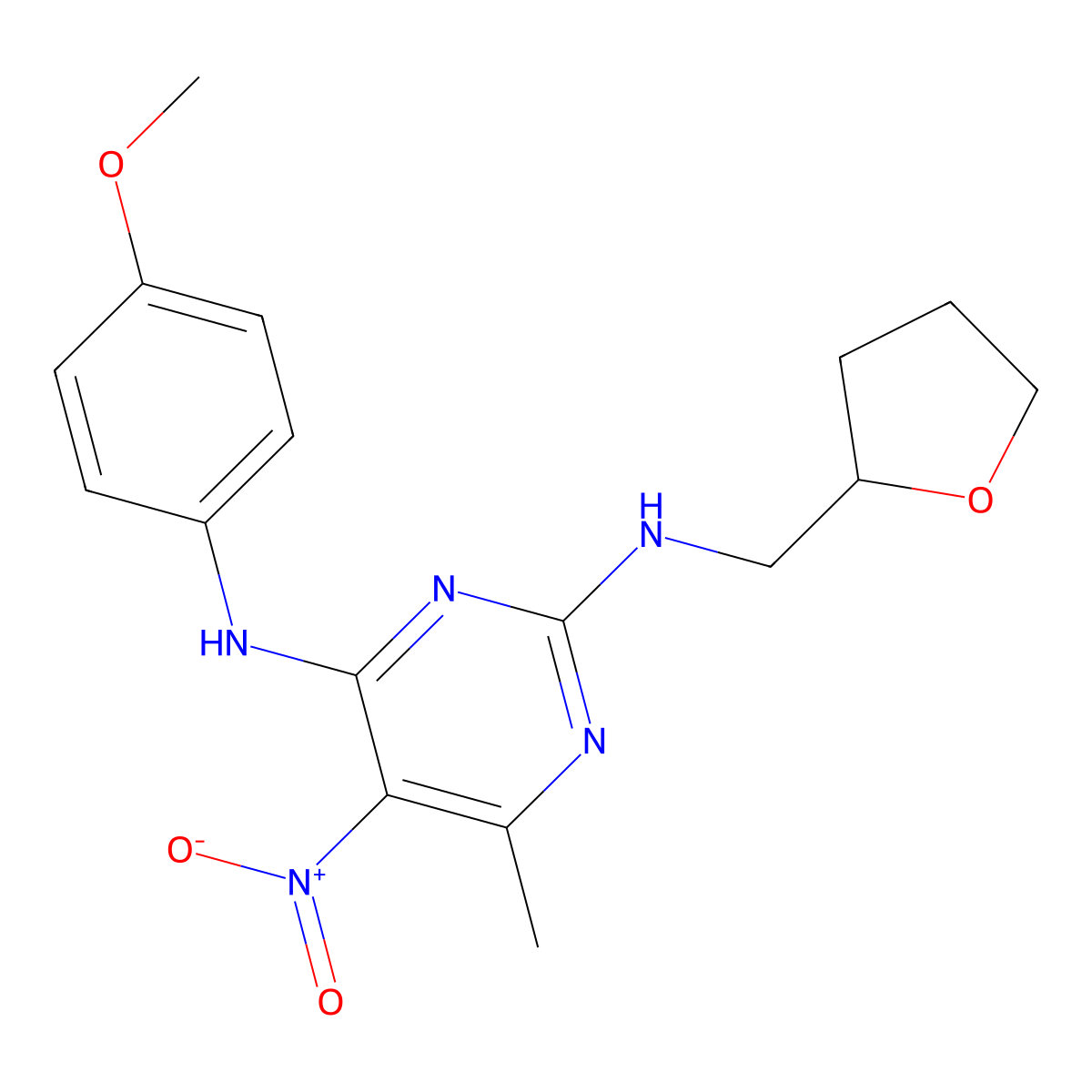 N4-(4-methoxyphenyl)-6-methyl-5-nitro-N2-[(oxolan-2-yl)methyl]pyrimidine-2,4-diamine molecular structure, CAS 1211726-97-4