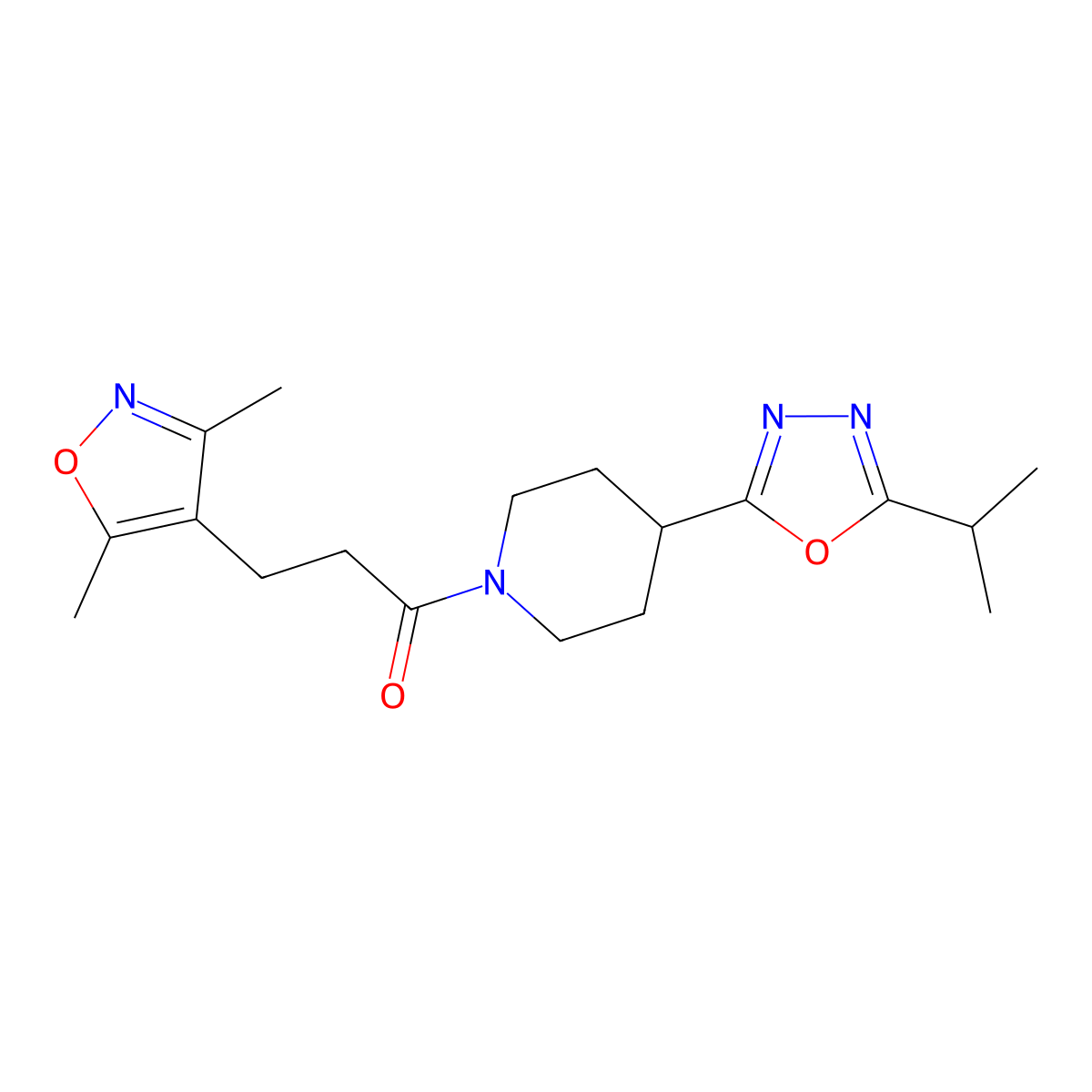 3-(3,5-Dimethylisoxazol-4-yl)-1-(4-(5-isopropyl-1,3,4-oxadiazol-2-yl)piperidin-1-yl)propan-1-one molecular structure, CAS 1211728-81-2