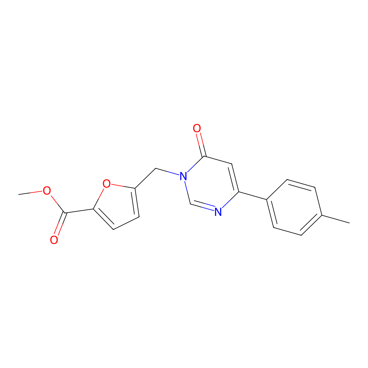methyl 5-((6-oxo-4-(p-tolyl)pyrimidin-1(6H)-yl)methyl)furan-2-carboxylate molecular structure, CAS 1211733-66-2