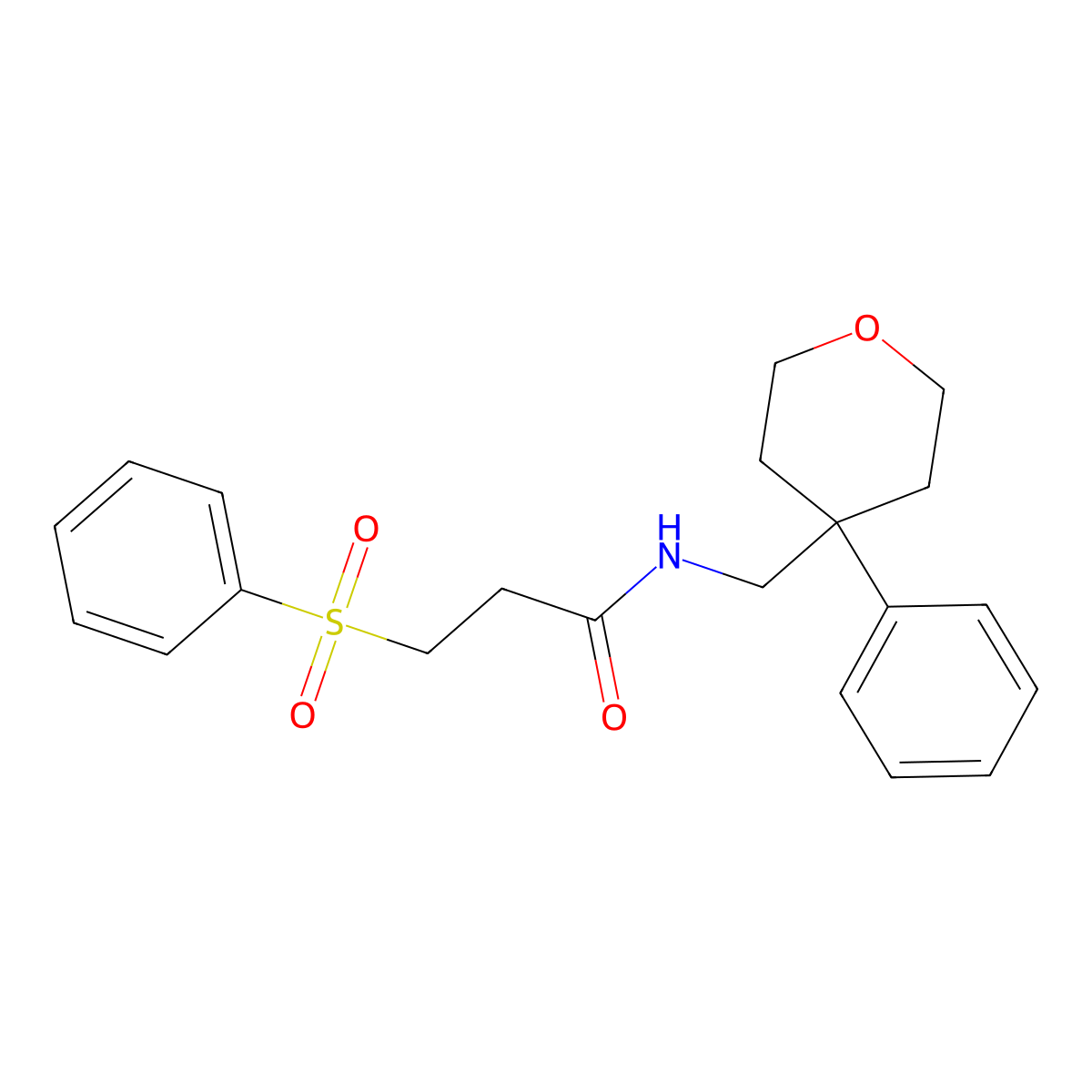 3-(phenylsulfonyl)-N-((4-phenyltetrahydro-2H-pyran-4-yl)methyl)propanamide molecular structure, CAS 1211742-68-5