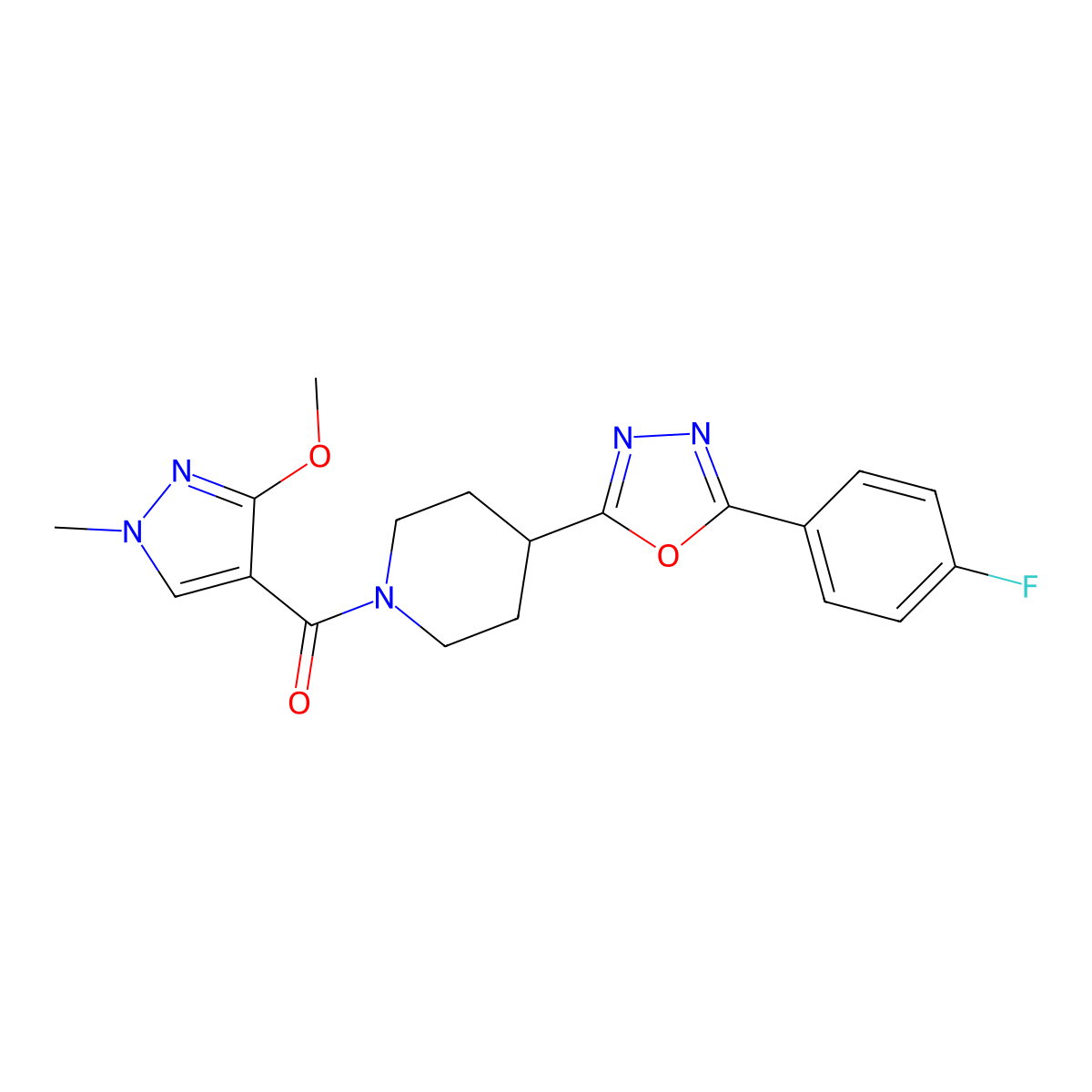 (4-(5-(4-fluorophenyl)-1,3,4-oxadiazol-2-yl)piperidin-1-yl)(3-methoxy-1-methyl-1H-pyrazol-4-yl)methanone molecular structure, CAS 1211750-21-8