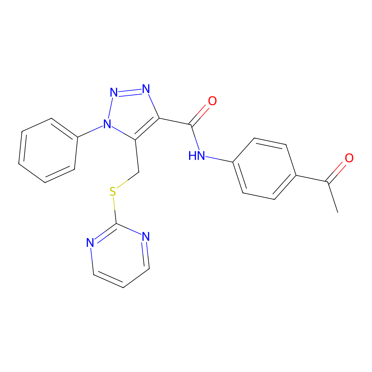N-(4-acetylphenyl)-1-phenyl-5-((pyrimidin-2-ylthio)methyl)-1H-1,2,3-triazole-4-carboxamide molecular structure, CAS 1211752-90-7