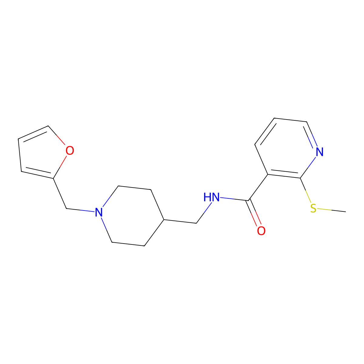 N-((1-(furan-2-ylmethyl)piperidin-4-yl)methyl)-2-(methylthio)nicotinamide molecular structure, CAS 1211761-64-6