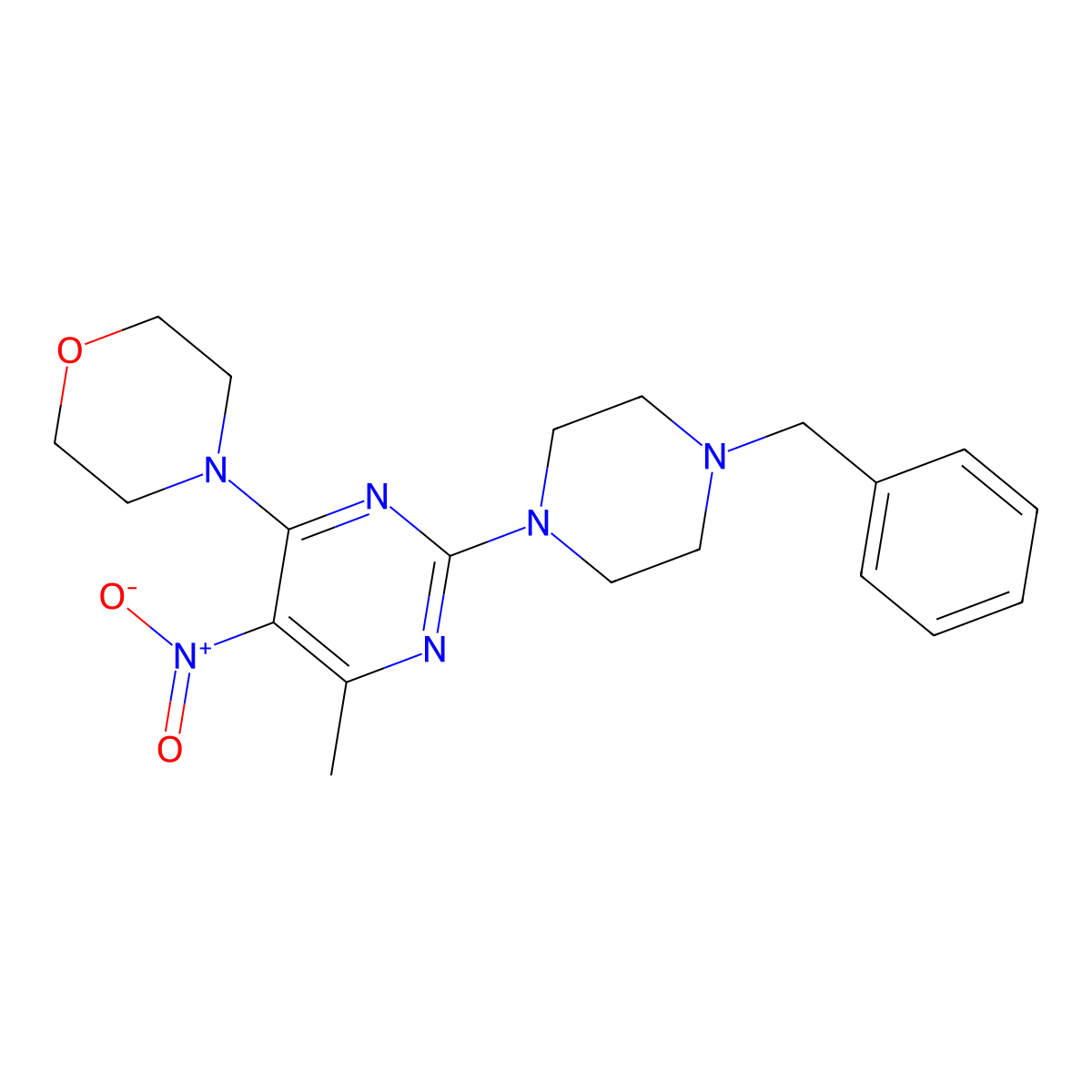 4-[2-(4-Benzylpiperazin-1-yl)-6-methyl-5-nitropyrimidin-4-yl]morpholine molecular structure, CAS 1211771-92-4