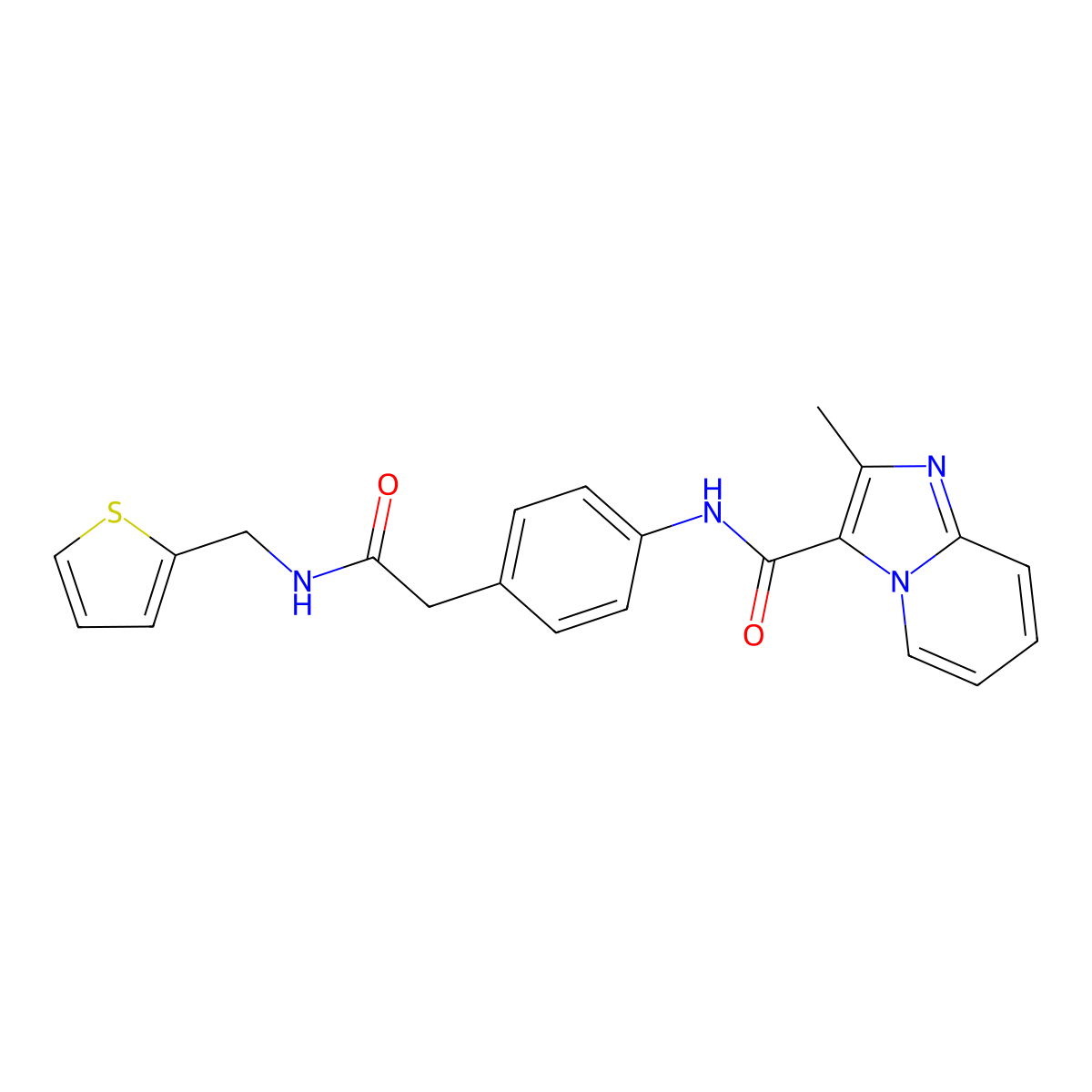 2-methyl-N-(4-(2-oxo-2-((thiophen-2-ylmethyl)amino)ethyl)phenyl)imidazo[1,2-a]pyridine-3-carboxamide molecular structure, CAS 1211775-37-9