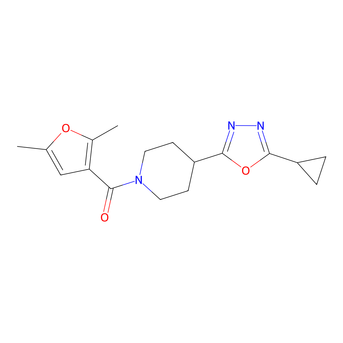 (4-(5-Cyclopropyl-1,3,4-oxadiazol-2-yl)piperidin-1-yl)(2,5-dimethylfuran-3-yl)methanone molecular structure, CAS 1211776-42-9