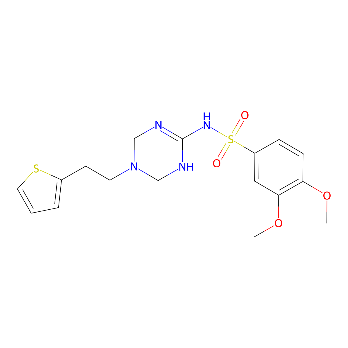 3,4-dimethoxy-N-{5-[2-(thiophen-2-yl)ethyl]-1,4,5,6-tetrahydro-1,3,5-triazin-2-yl}benzenesulfonamide molecular structure, CAS 1211777-72-8