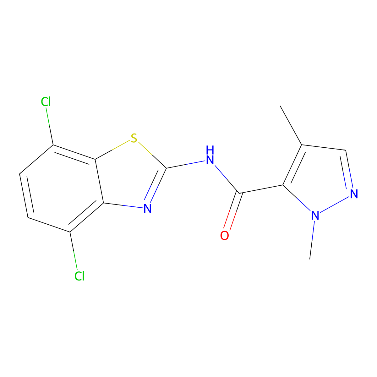 N-(4,7-dichlorobenzo[d]thiazol-2-yl)-1,4-dimethyl-1H-pyrazole-5-carboxamide molecular structure, CAS 1211780-67-4