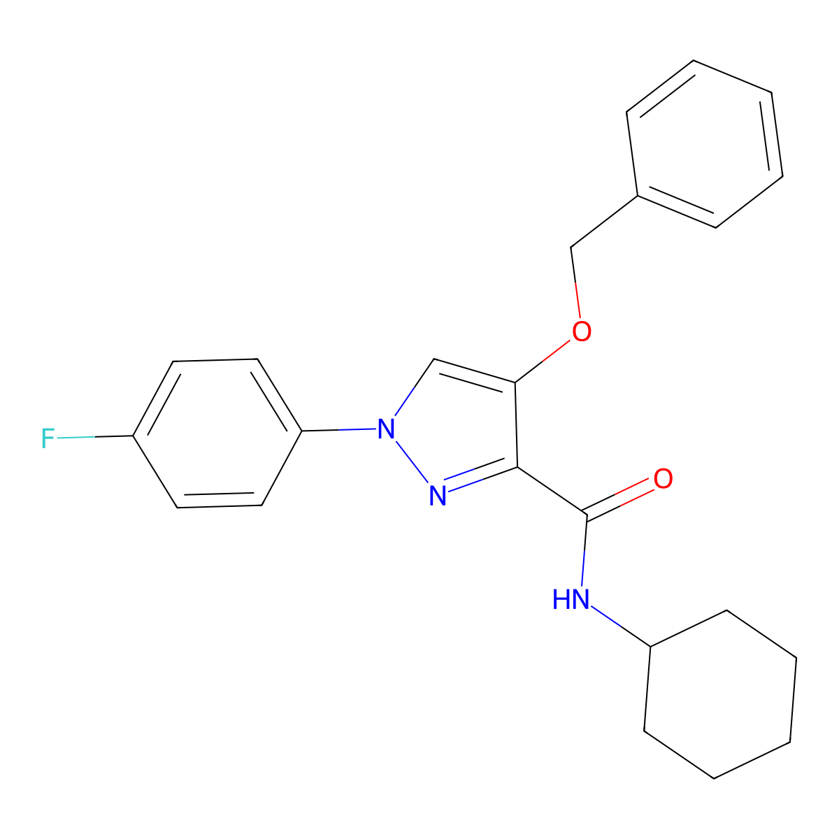 4-(benzyloxy)-N-cyclohexyl-1-(4-fluorophenyl)-1H-pyrazole-3-carboxamide molecular structure, CAS 1211781-37-1