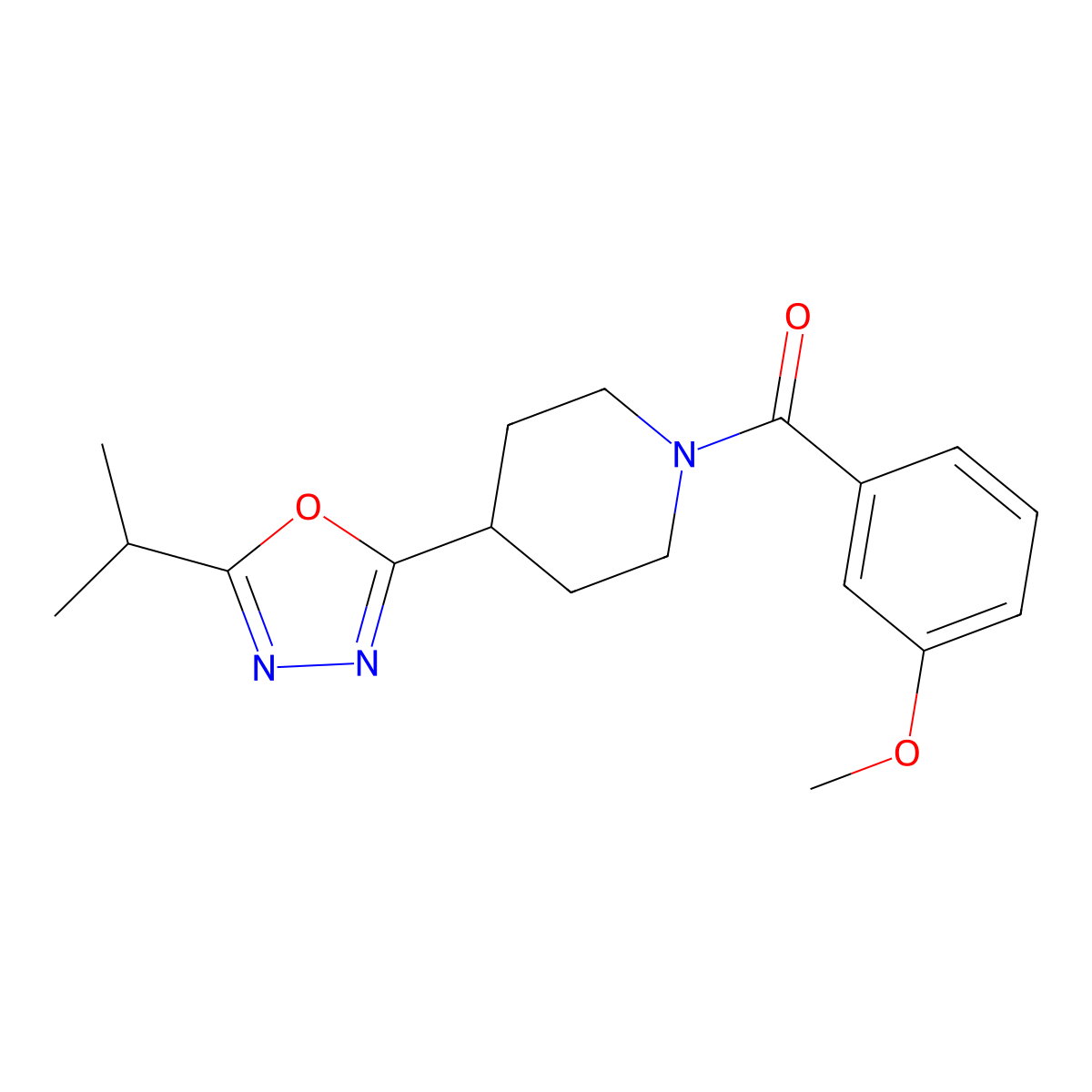 (4-(5-Isopropyl-1,3,4-oxadiazol-2-yl)piperidin-1-yl)(3-methoxyphenyl)methanone molecular structure, CAS 1211791-02-4