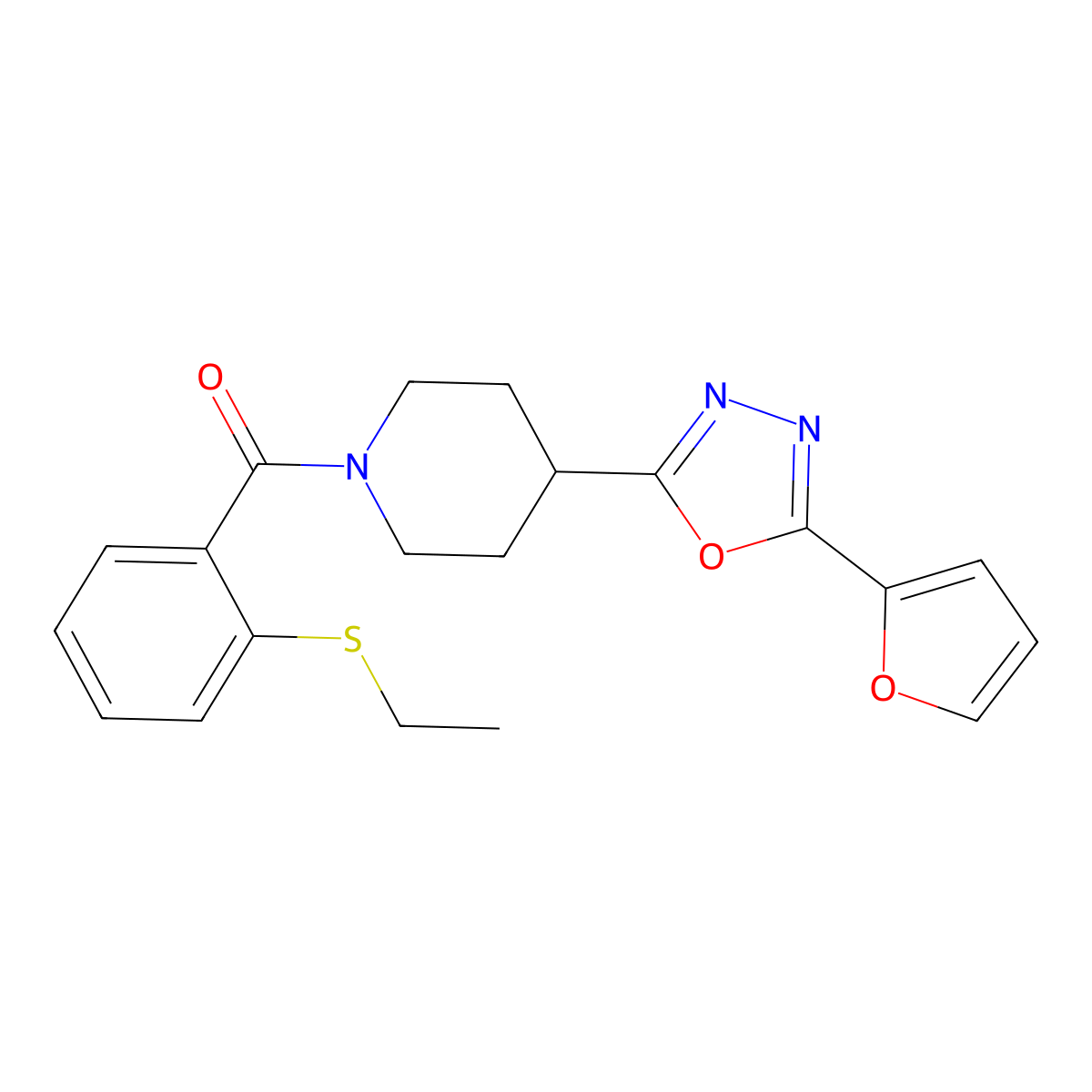 (2-(Ethylthio)phenyl)(4-(5-(furan-2-yl)-1,3,4-oxadiazol-2-yl)piperidin-1-yl)methanone molecular structure, CAS 1211803-67-6