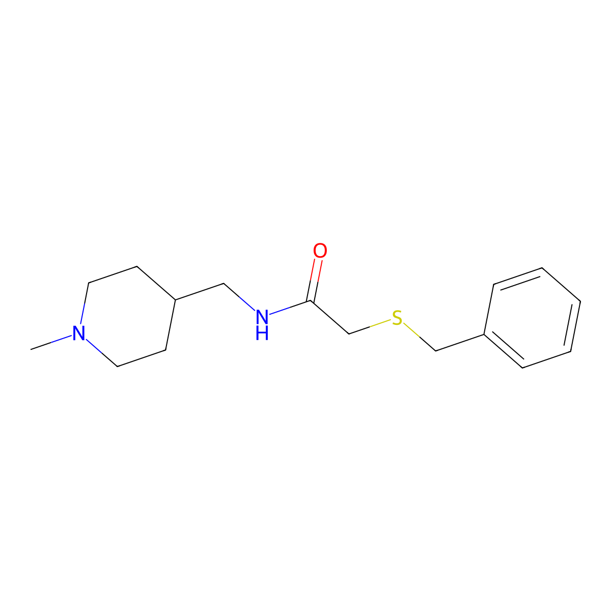 2-(benzylthio)-N-((1-methylpiperidin-4-yl)methyl)acetamide molecular structure, CAS 1211804-55-5