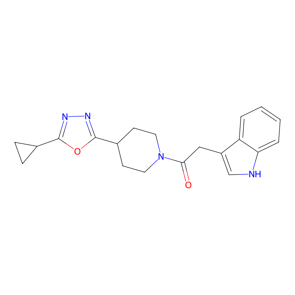 1-(4-(5-cyclopropyl-1,3,4-oxadiazol-2-yl)piperidin-1-yl)-2-(1H-indol-3-yl)ethanone molecular structure, CAS 1211812-25-7
