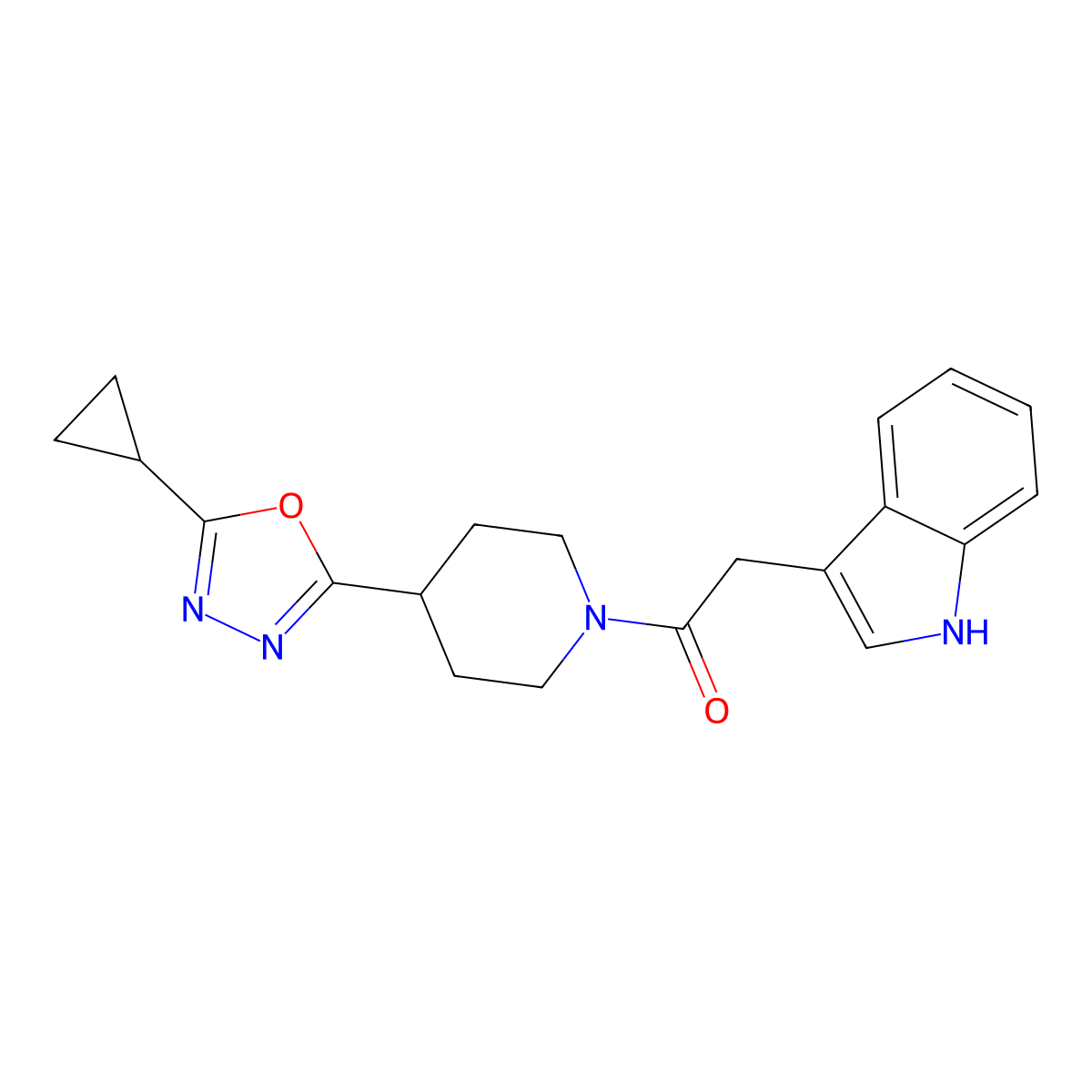 1-(4-(5-cyclopropyl-1,3,4-oxadiazol-2-yl)piperidin-1-yl)-2-(1H-indol-3-yl)ethanone molecular structure, CAS 1211812-25-7