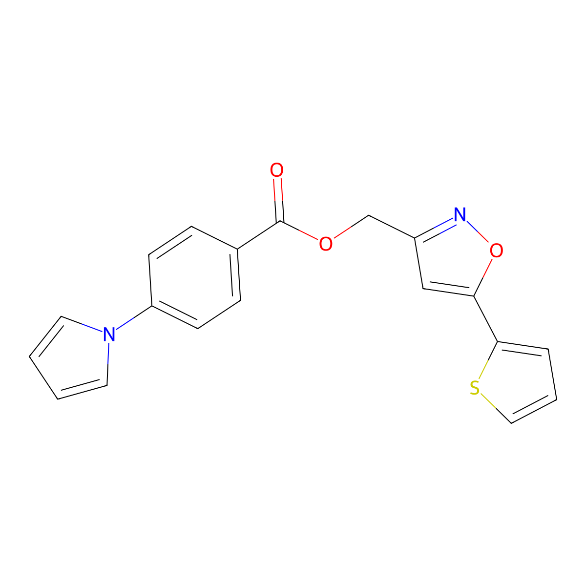 (5-(thiophen-2-yl)isoxazol-3-yl)methyl 4-(1H-pyrrol-1-yl)benzoate molecular structure, CAS 1211816-58-8