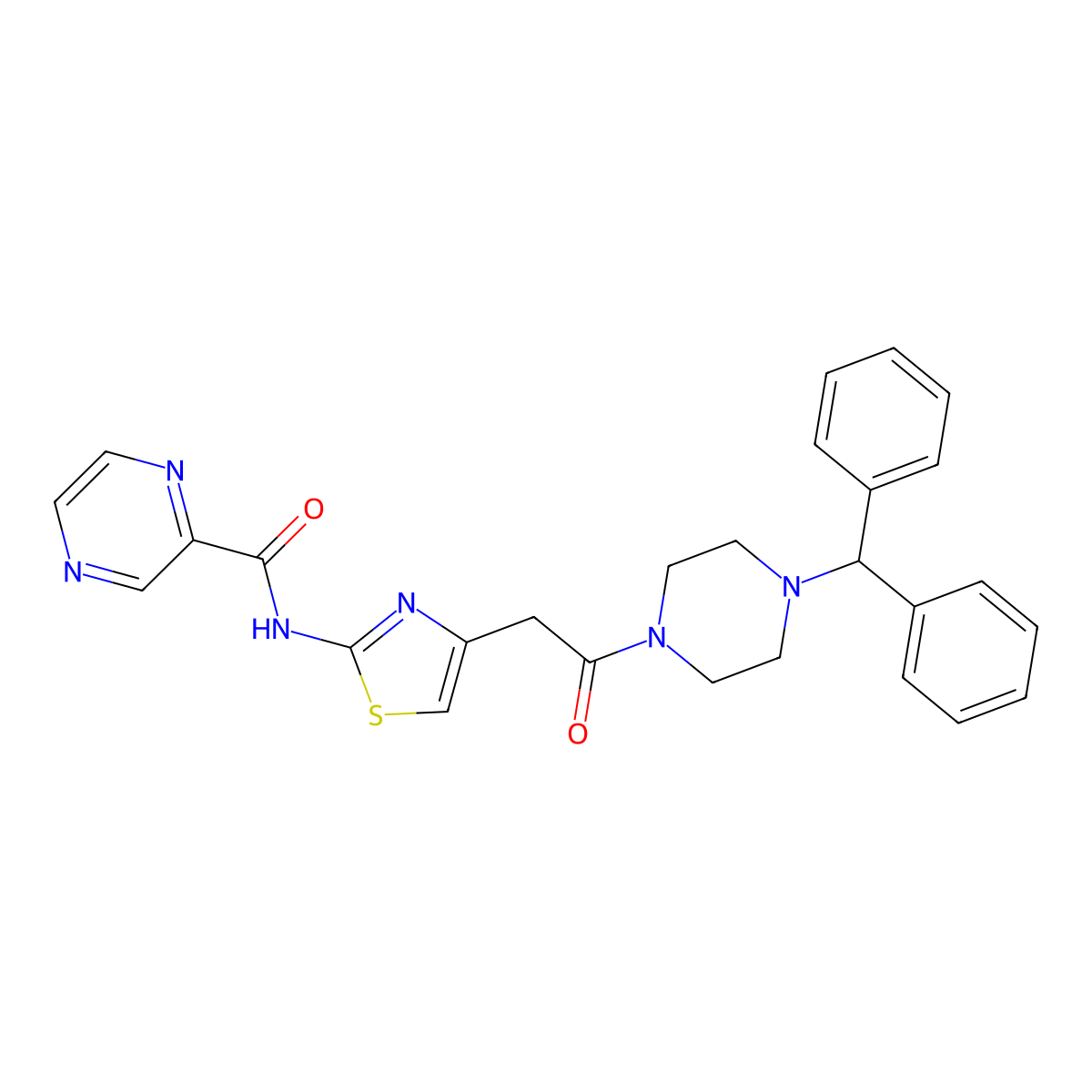 N-(4-(2-(4-benzhydrylpiperazin-1-yl)-2-oxoethyl)thiazol-2-yl)pyrazine-2-carboxamide molecular structure, CAS 1211820-43-7