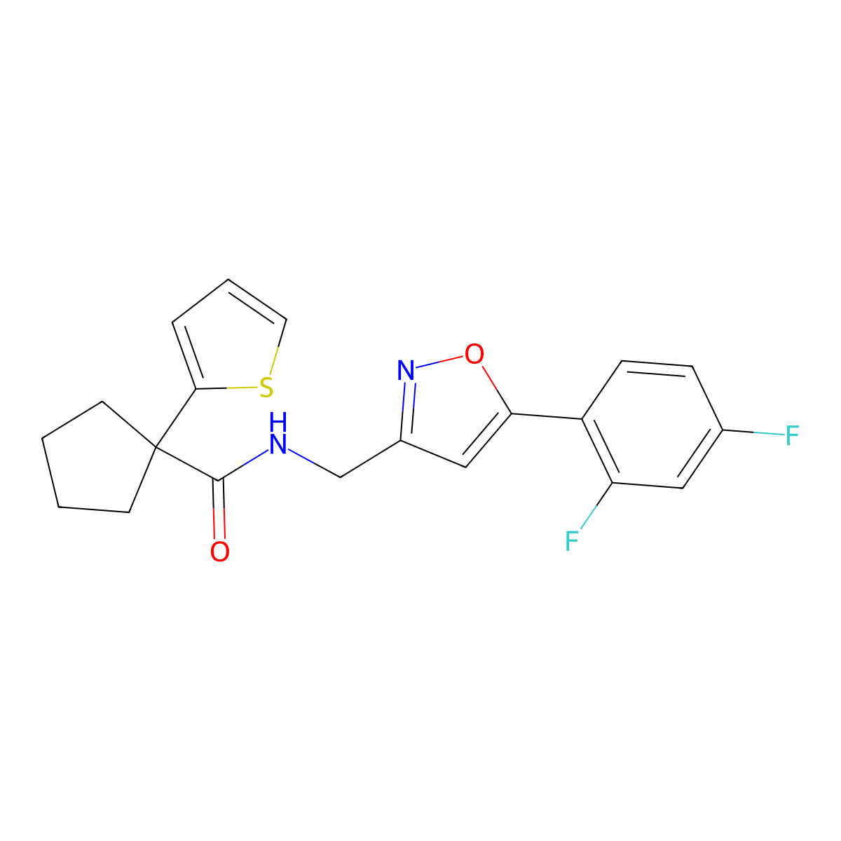 N-((5-(2,4-difluorophenyl)isoxazol-3-yl)methyl)-1-(thiophen-2-yl)cyclopentanecarboxamide molecular structure, CAS 1211843-48-9