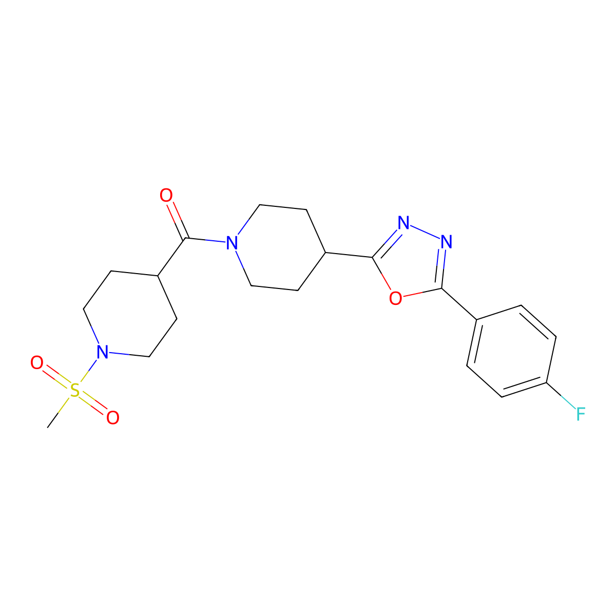 (4-(5-(4-Fluorophenyl)-1,3,4-oxadiazol-2-yl)piperidin-1-yl)(1-(methylsulfonyl)piperidin-4-yl)methanone molecular structure, CAS 1211845-68-9