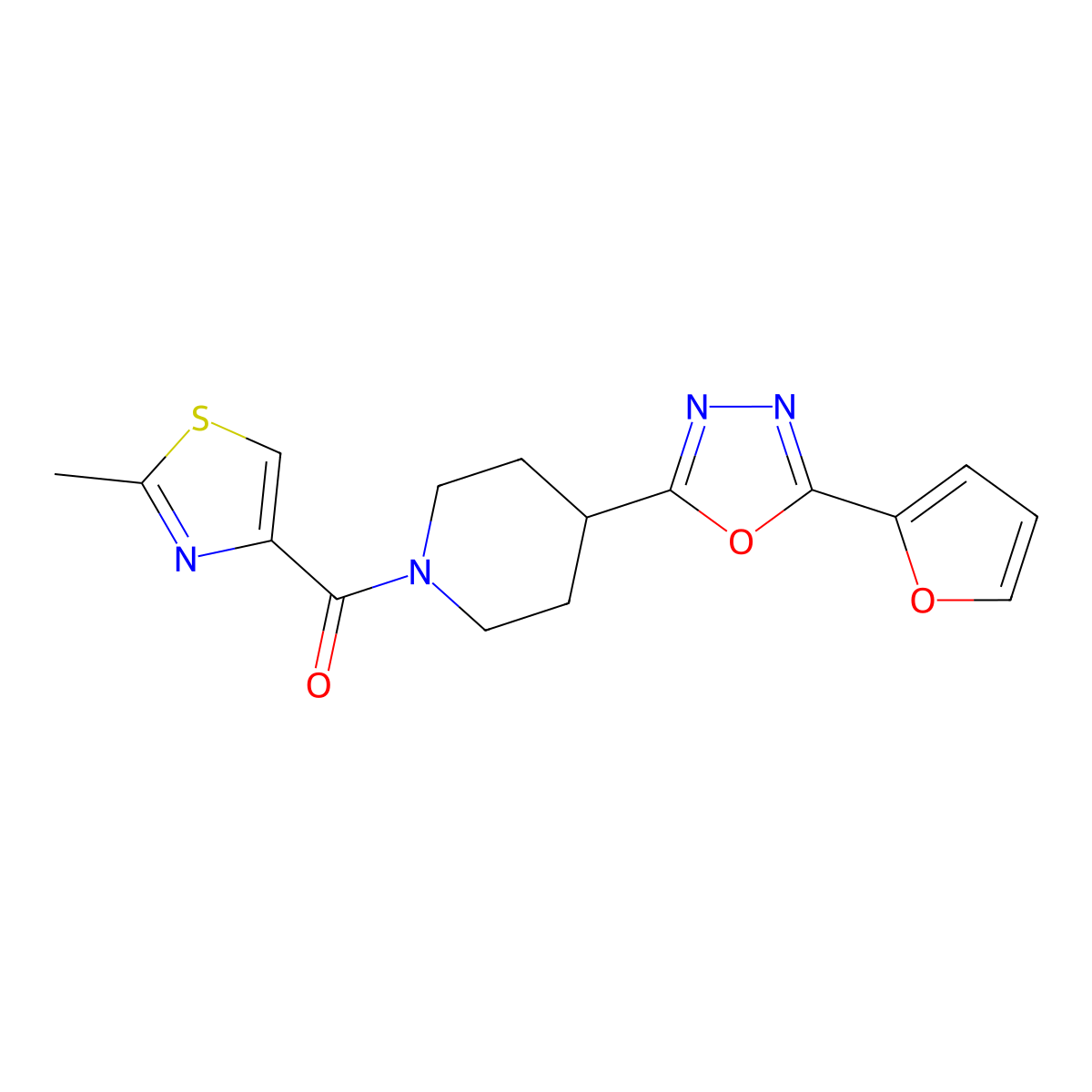 (4-(5-(Furan-2-yl)-1,3,4-oxadiazol-2-yl)piperidin-1-yl)(2-methylthiazol-4-yl)methanone molecular structure, CAS 1211848-92-8