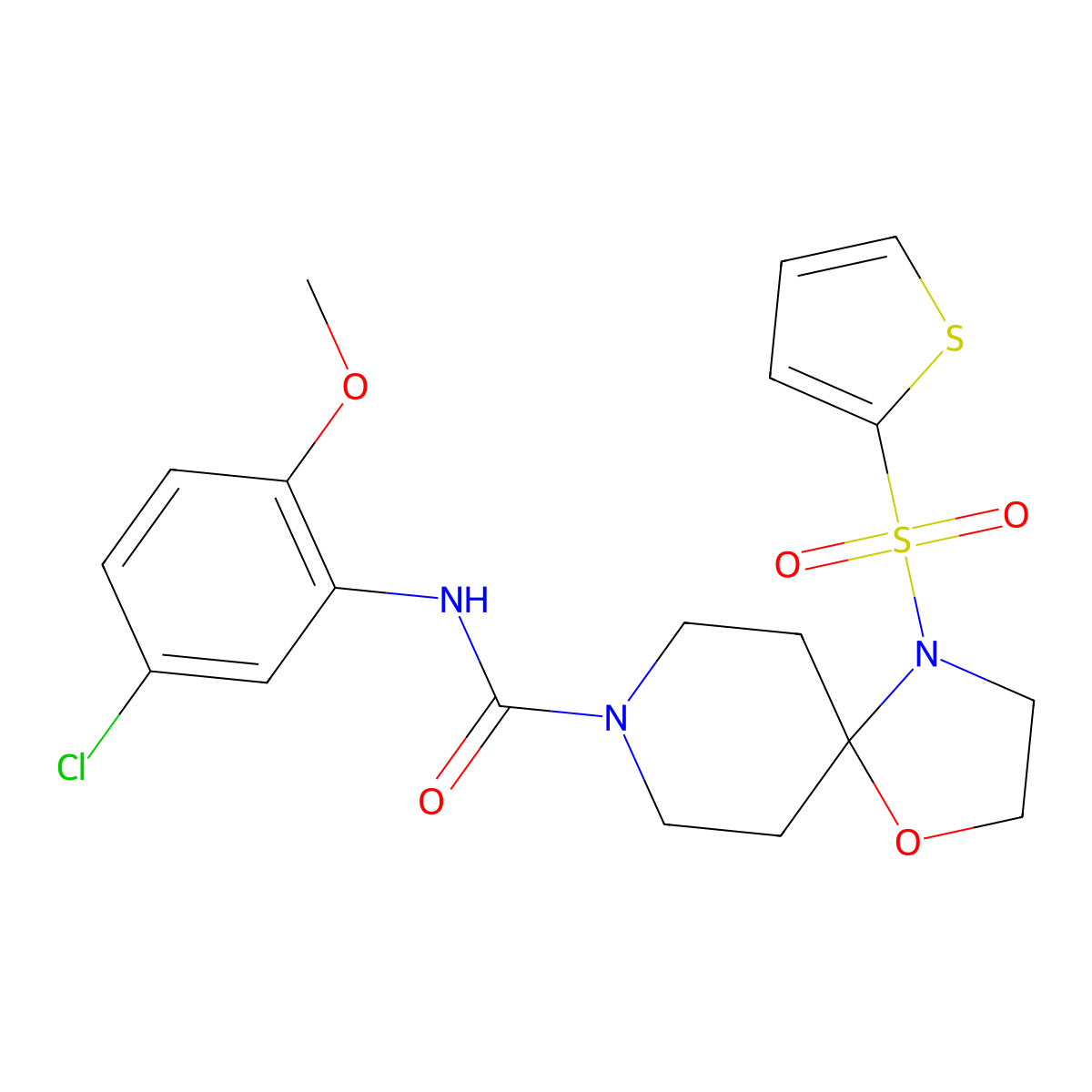 N-(5-chloro-2-methoxyphenyl)-4-(thiophen-2-ylsulfonyl)-1-oxa-4,8-diazaspiro[4.5]decane-8-carboxamide molecular structure, CAS 1211849-21-6