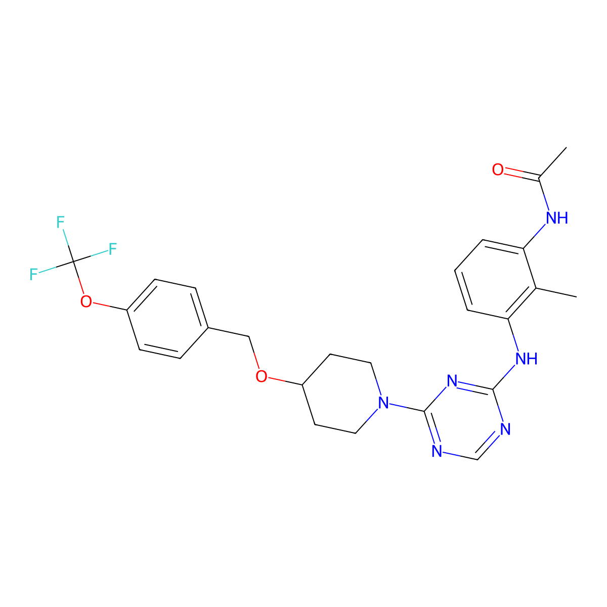 N-(2-methyl-3-(4-(4-(4-(trifluoromethoxy)benzyloxy)piperidin-1-yl)-1,3,5-triazin-2-ylamino)phenyl)acetamide molecular structure, CAS 1211866-85-1