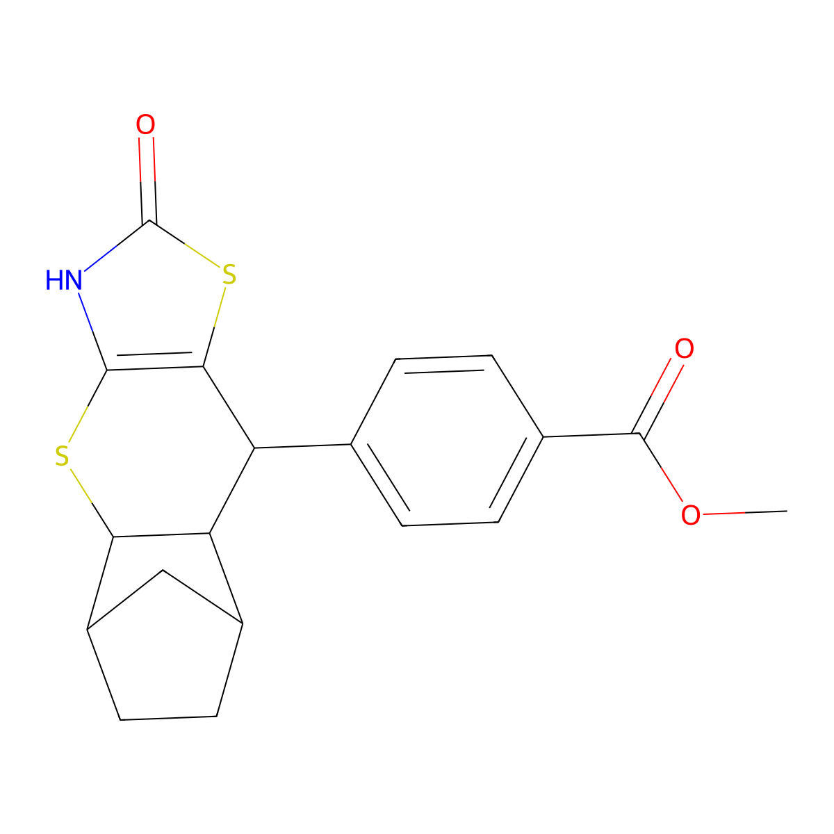 methyl 4-(2-oxo-3,4a,5,6,7,8,8a,9-octahydro-2H-5,8-methanothiochromeno[2,3-d][1,3]thiazol-9-yl)benzoate molecular structure, CAS 1212070-73-9