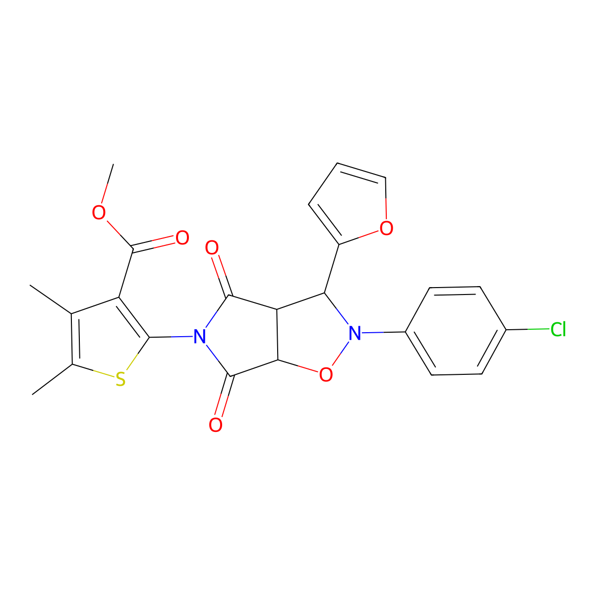 methyl 2-(2-(4-chlorophenyl)-3-(furan-2-yl)-4,6-dioxotetrahydro-2H-pyrrolo[3,4-d]isoxazol-5(3H)-yl)-4,5-dimethylthiophene-3-carboxylate molecular structure, CAS 1212075-21-2