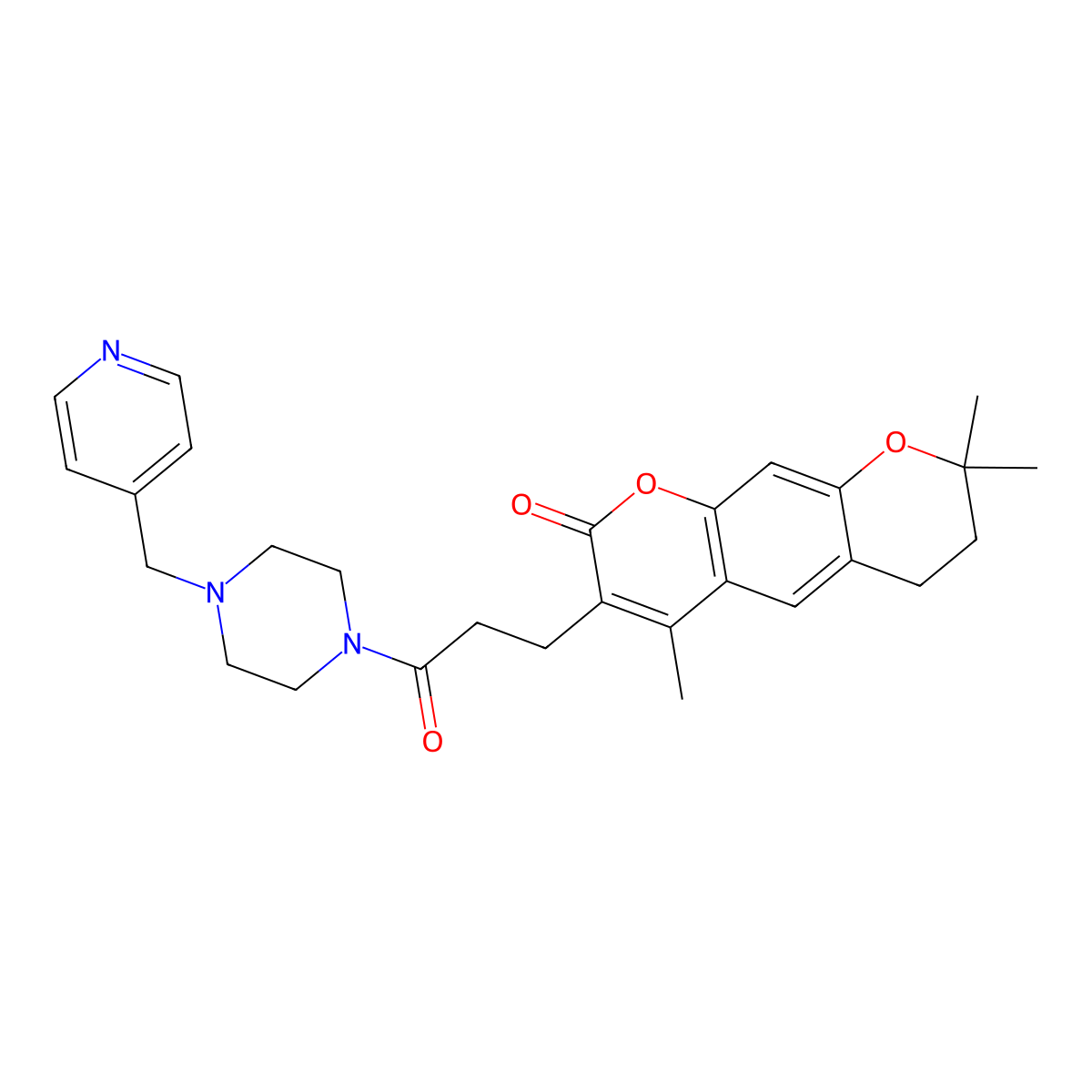 4,8,8-trimethyl-3-{3-oxo-3-[4-(pyridin-4-ylmethyl)piperazin-1-yl]propyl}-7,8-dihydro-2H,6H-pyrano[3,2-g]chromen-2-one molecular structure, CAS 1212081-46-3