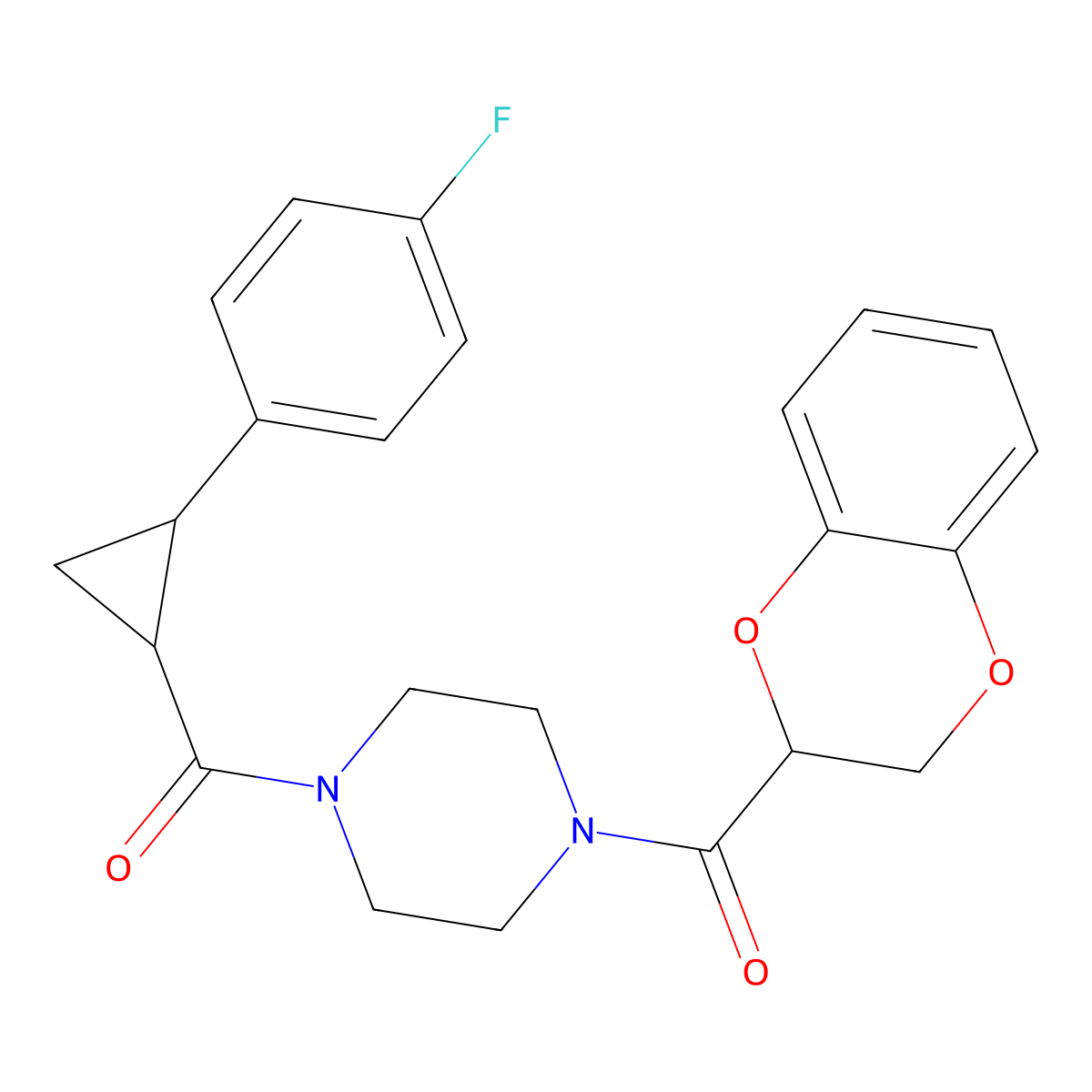 (2,3-Dihydrobenzo[b][1,4]dioxin-2-yl)(4-(2-(4-fluorophenyl)cyclopropanecarbonyl)piperazin-1-yl)methanone molecular structure, CAS 1212095-08-3