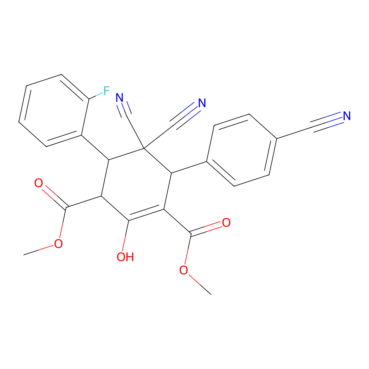 Dimethyl 5,5-dicyano-6-(4-cyanophenyl)-4-(2-fluorophenyl)-2-hydroxy-1-cyclohexene-1,3-dicarboxylate molecular structure, CAS 1212097-79-4