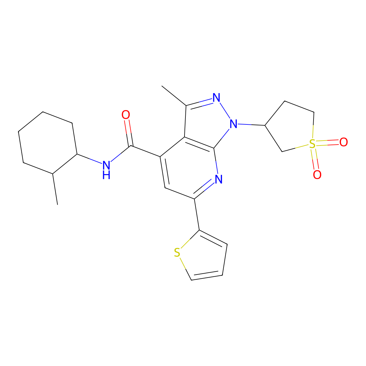 1-(1,1-dioxidotetrahydrothiophen-3-yl)-3-methyl-N-(2-methylcyclohexyl)-6-(thiophen-2-yl)-1H-pyrazolo[3,4-b]pyridine-4-carboxamide molecular structure, CAS 1212104-10-3