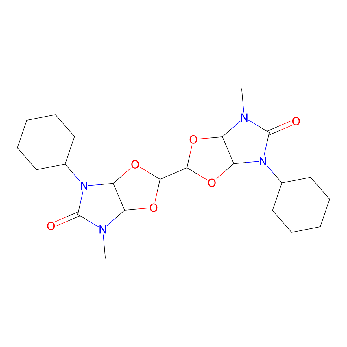 4-Cyclohexyl-2-(4-cyclohexyl-6-methyl-5-oxo-3a,6a-dihydro-[1,3]dioxolo[4,5-d]imidazol-2-yl)-6-methyl-3a,6a-dihydro-[1,3]dioxolo[4,5-d]imidazol-5-one molecular structure, CAS 1212109-77-7