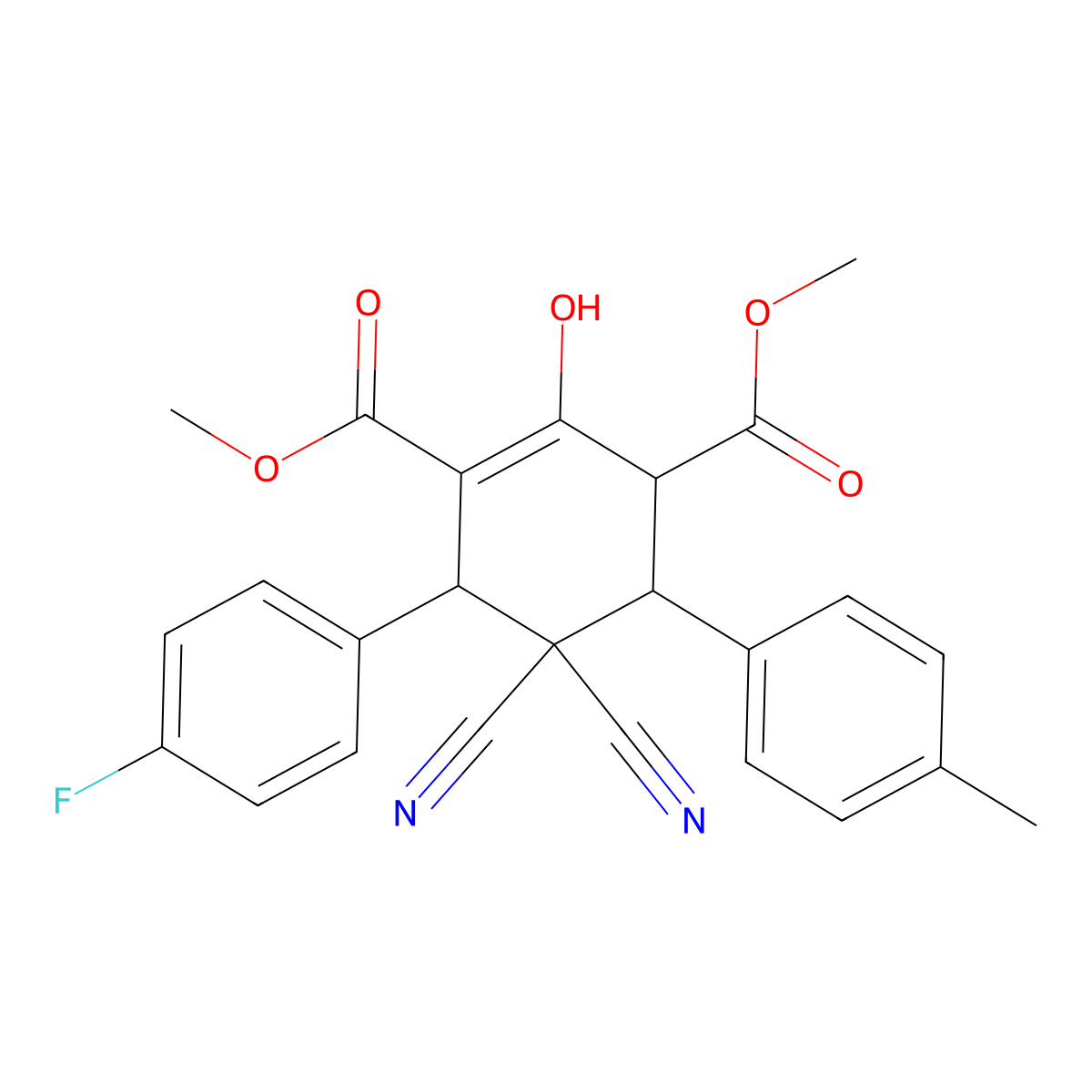 Dimethyl 5,5-dicyano-6-(4-fluorophenyl)-2-hydroxy-4-(4-methylphenyl)-1-cyclohexene-1,3-dicarboxylate molecular structure, CAS 1212132-35-8