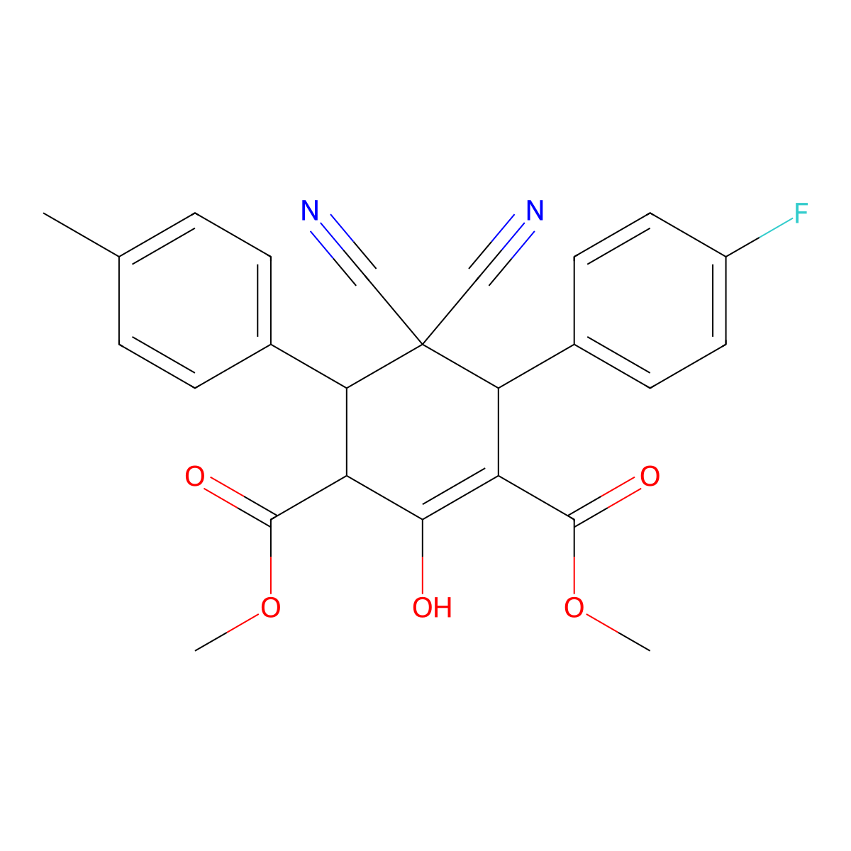 Dimethyl 5,5-dicyano-6-(4-fluorophenyl)-2-hydroxy-4-(4-methylphenyl)-1-cyclohexene-1,3-dicarboxylate molecular structure, CAS 1212132-35-8