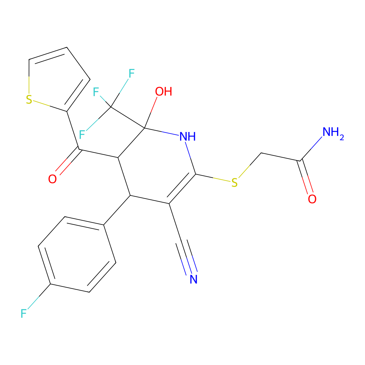 2-((3-Cyano-4-(4-fluorophenyl)-6-hydroxy-5-(thiophene-2-carbonyl)-6-(trifluoromethyl)-1,4,5,6-tetrahydropyridin-2-yl)thio)acetamide molecular structure, CAS 1212141-17-7