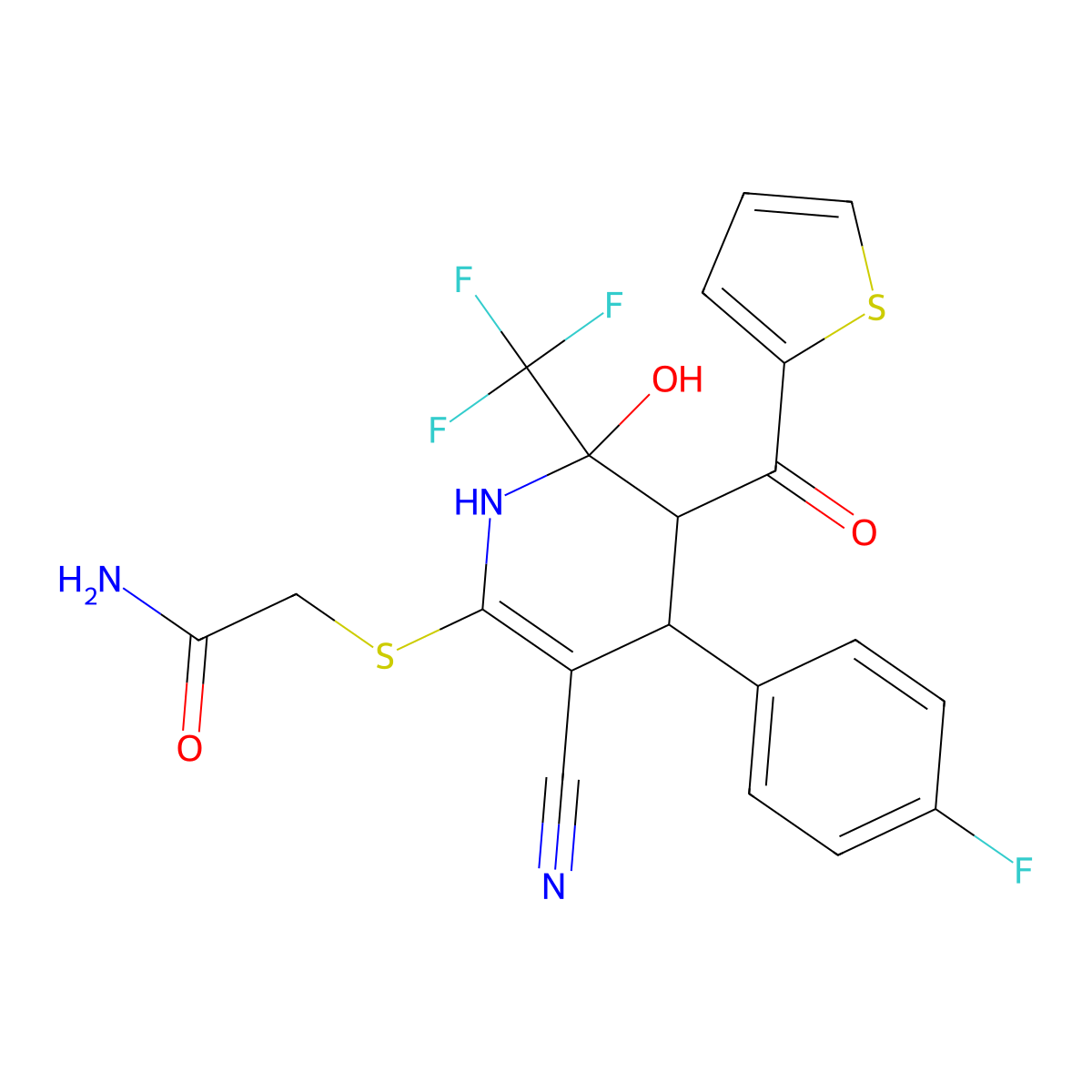 2-((3-Cyano-4-(4-fluorophenyl)-6-hydroxy-5-(thiophene-2-carbonyl)-6-(trifluoromethyl)-1,4,5,6-tetrahydropyridin-2-yl)thio)acetamide molecular structure, CAS 1212141-17-7