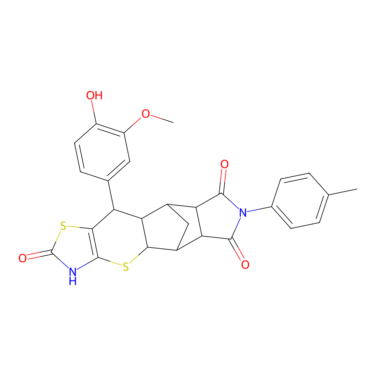 (4aR,5R,5aR,8aR,9S)-10-(4-hydroxy-3-methoxyphenyl)-7-(p-tolyl)-5,5a,8a,9,9a,10-hexahydro-5,9-methanothiazolo[5',4':5,6]thiopyrano[2,3-f]isoindole-2,6,8(3H,4aH,7H)-trione molecular structure, CAS 1212155-85-5