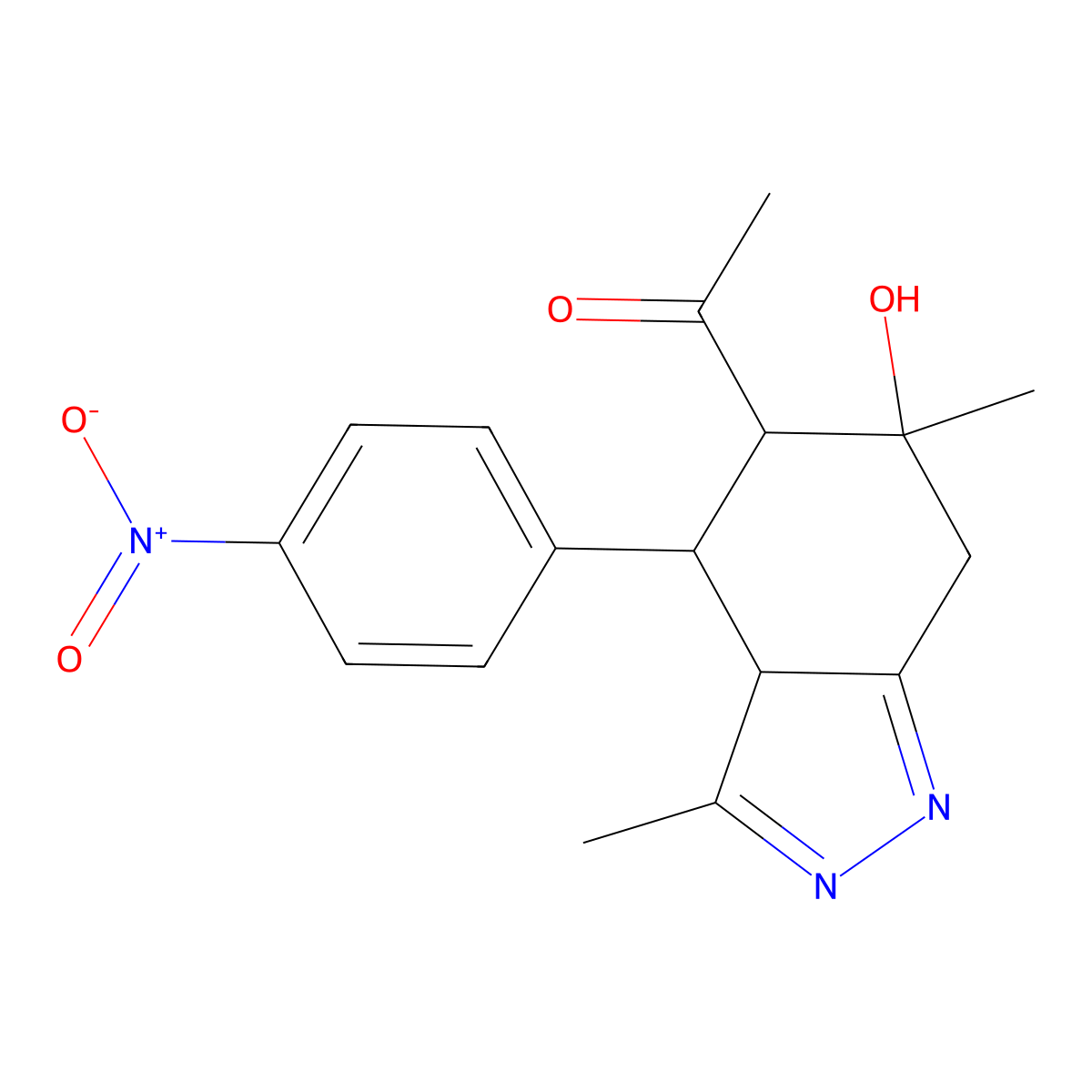 1-[6-Hydroxy-3,6-dimethyl-4-(4-nitrophenyl)-3a,4,5,7-tetrahydroindazol-5-yl]ethanone molecular structure, CAS 1212162-77-0