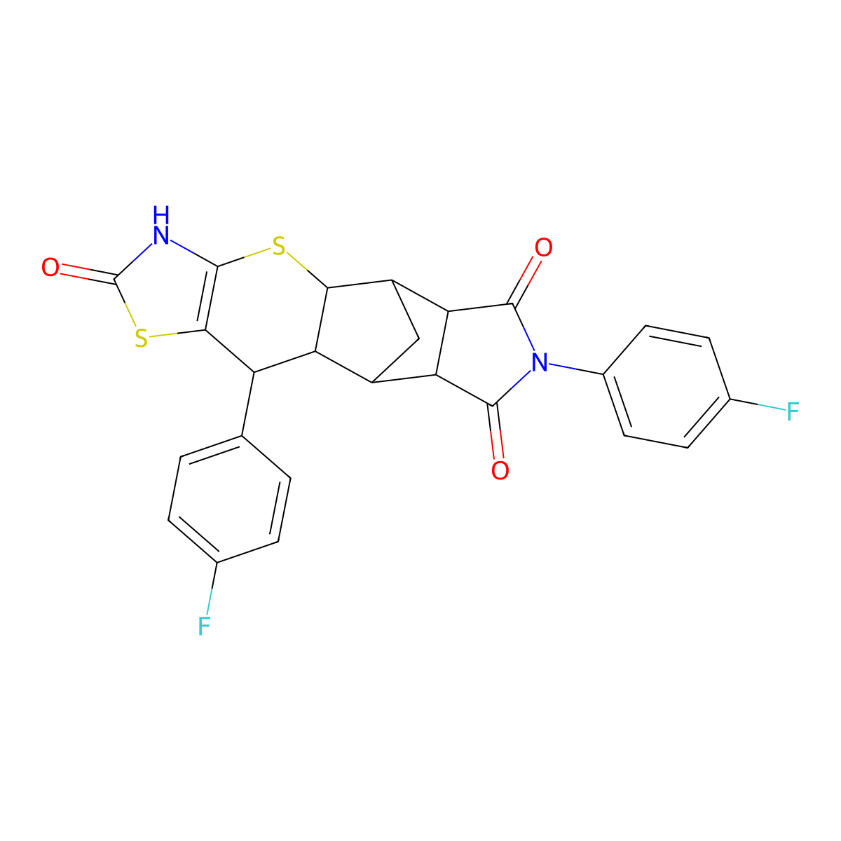 9,14-Bis(4-fluorophenyl)-3,7-dithia-5,14-diazapentacyclo[9.5.1.0^{2,10}.0^{4,8}.0^{12,16}]heptadec-4(8)-ene-6,13,15-trione molecular structure, CAS 1212169-16-8