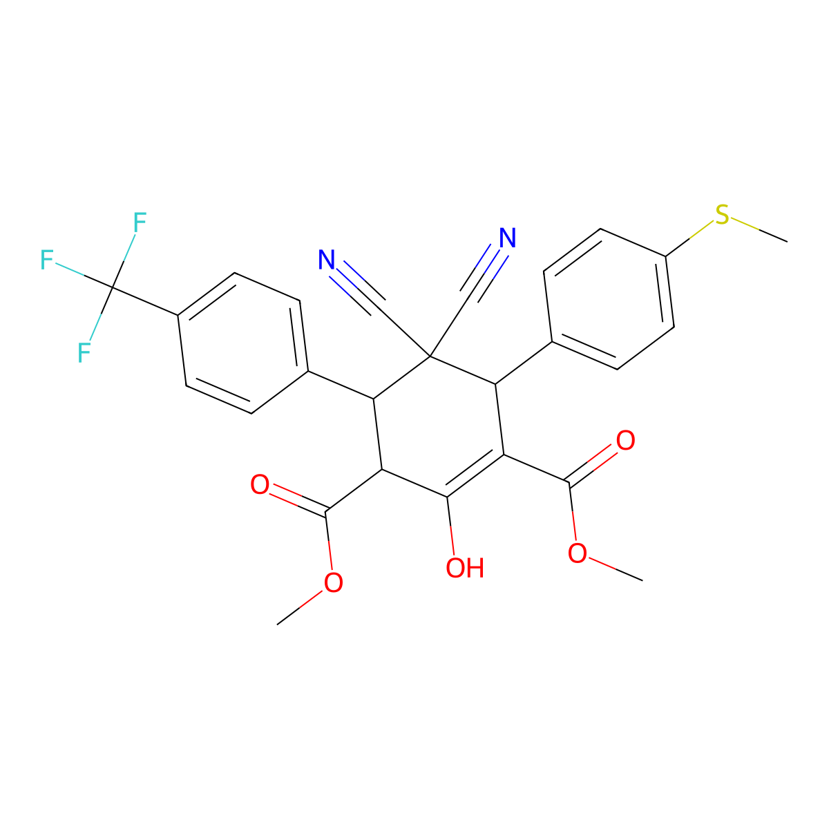 Dimethyl 5,5-dicyano-2-hydroxy-6-[4-(methylsulfanyl)phenyl]-4-[4-(trifluoromethyl)phenyl]-1-cyclohexene-1,3-dicarboxylate molecular structure, CAS 1212184-75-2